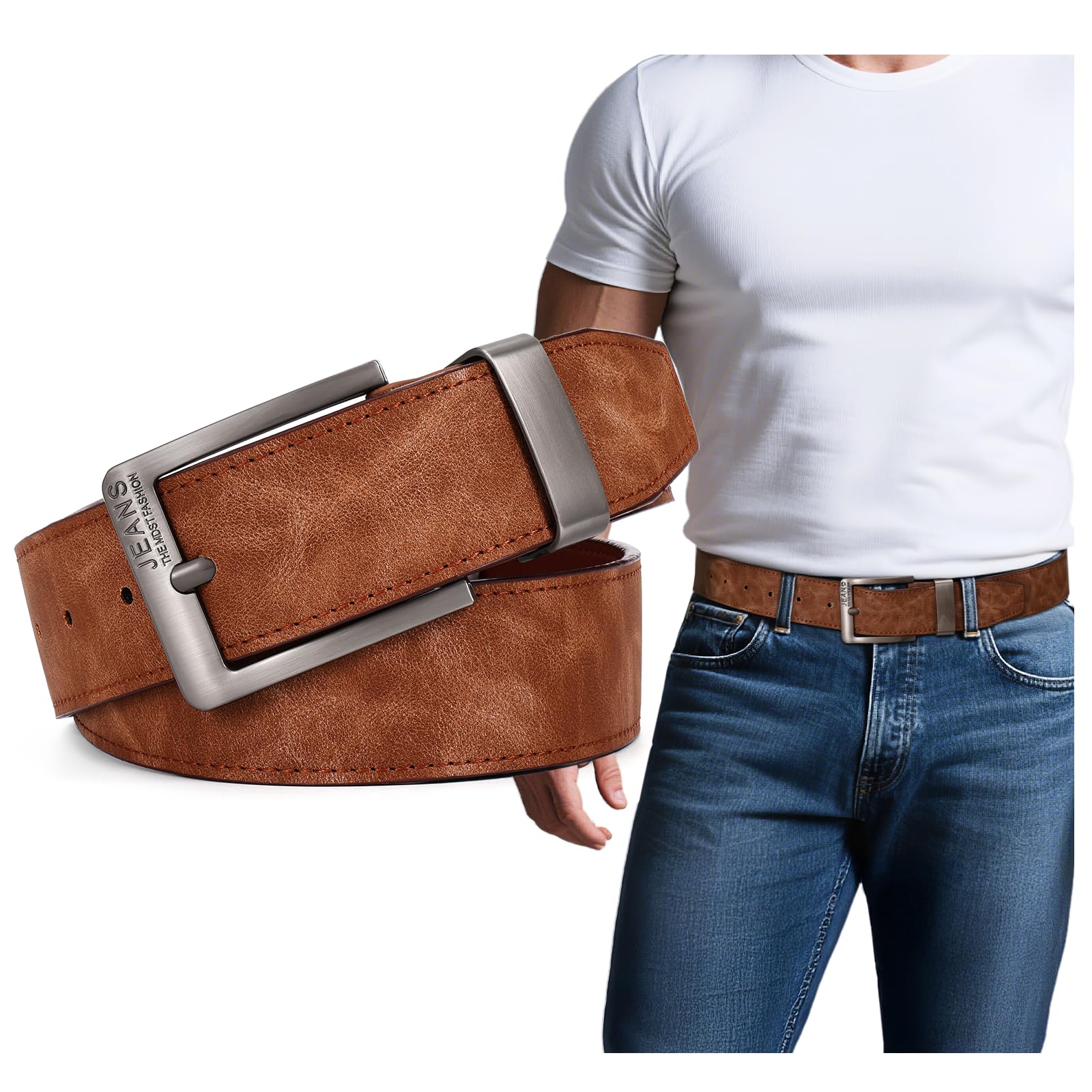 Mens Belts for Jeans Soft Comfortable & Lightweight PU Leather Work Belts for Men Dress Casual Belt for Daily Work