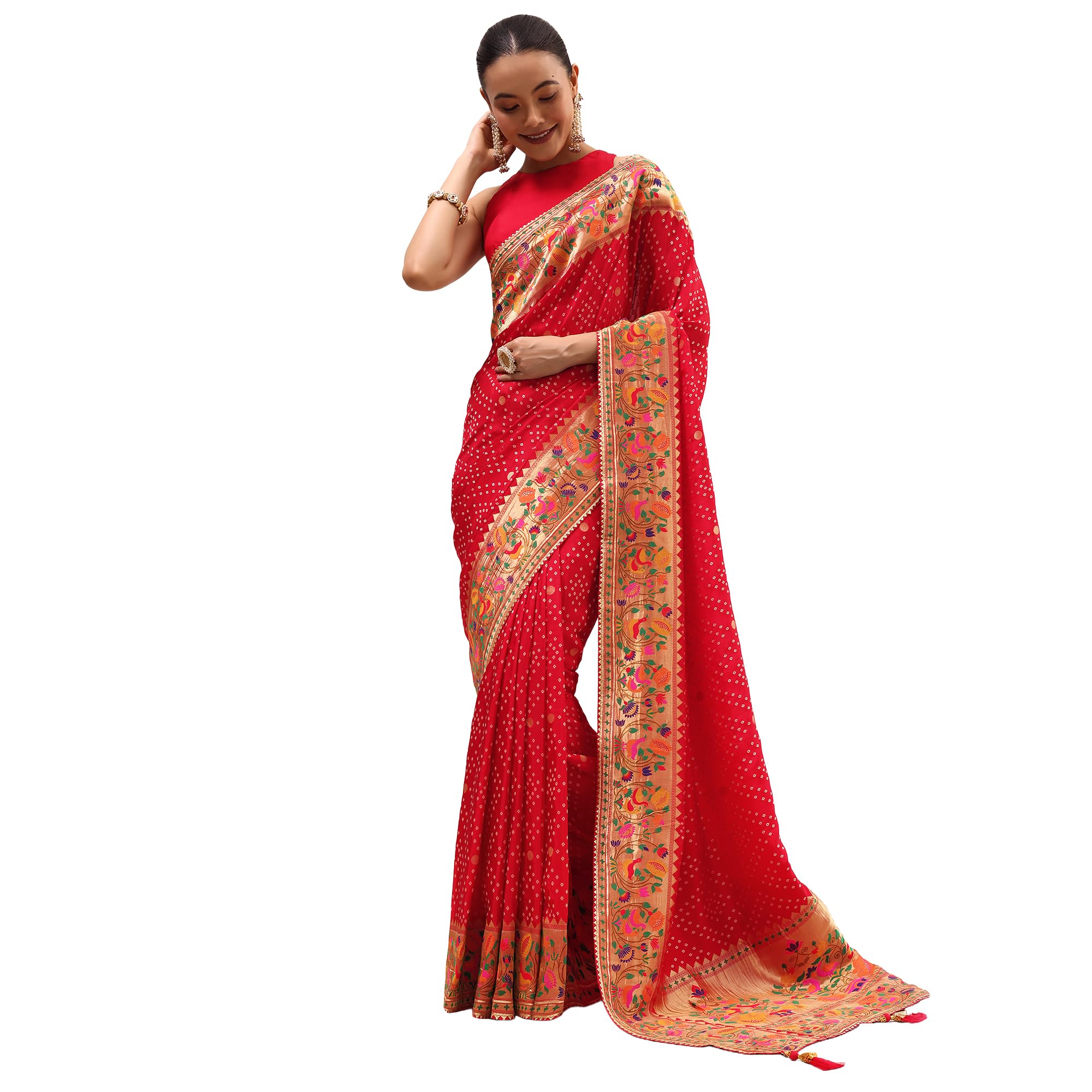 Fashion Red Bandhani Silk Saree With Unstitched Blouse Silk sarees for women Traditional Ethnic Wear Fashion Wear Wedding Collection Festive Saree Elegant Designer Saree-image-17
