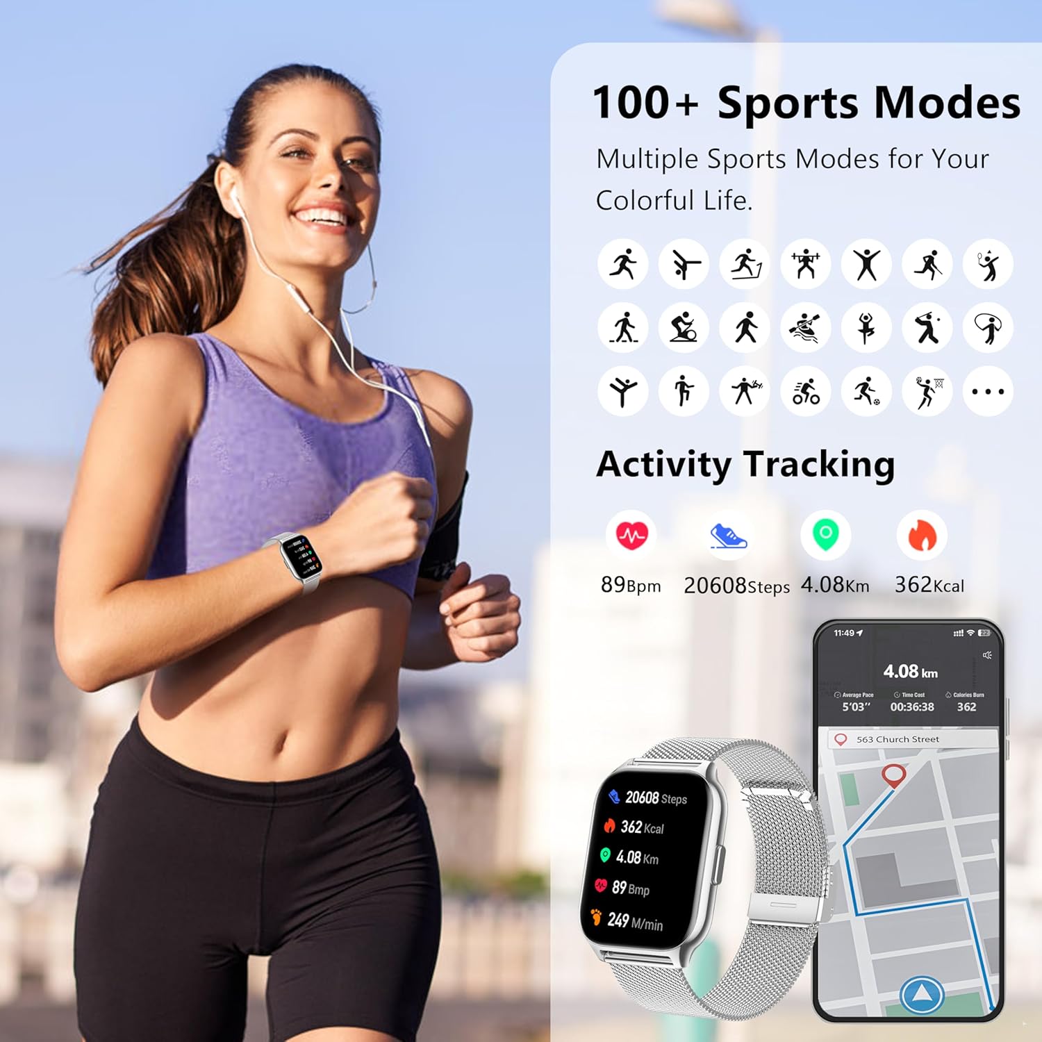 Image showing a woman running with the Narcid Smart Watch, displaying activity tracking metrics like steps, calories, distance, and a map of the route.