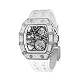 Men's Automatic Watch Tonneau Luxury Skeleton Watches for Men 50M Waterproof Analog Wrok Mens Watches Unique Cool Silver Square Big Face Wristwatch Silicone Strap (SGLZTB8209-D)