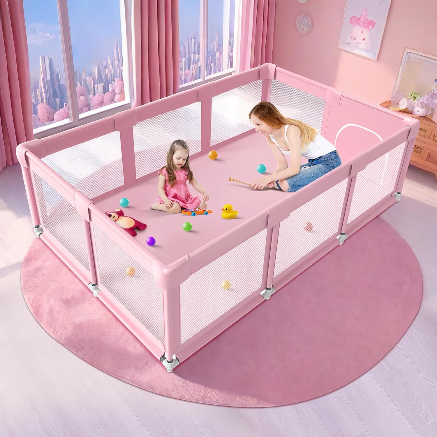 Pink Large Baby Playpen, Playpen 74x50 for Girl, Large Baby Play Yards Indoor & Outdoor, Sturdy Safety Baby Girls Play Pen with Soft Breathable Mesh, Toddlers Activity Center with Anti-Slip Base Pink 74×50×27 Inch