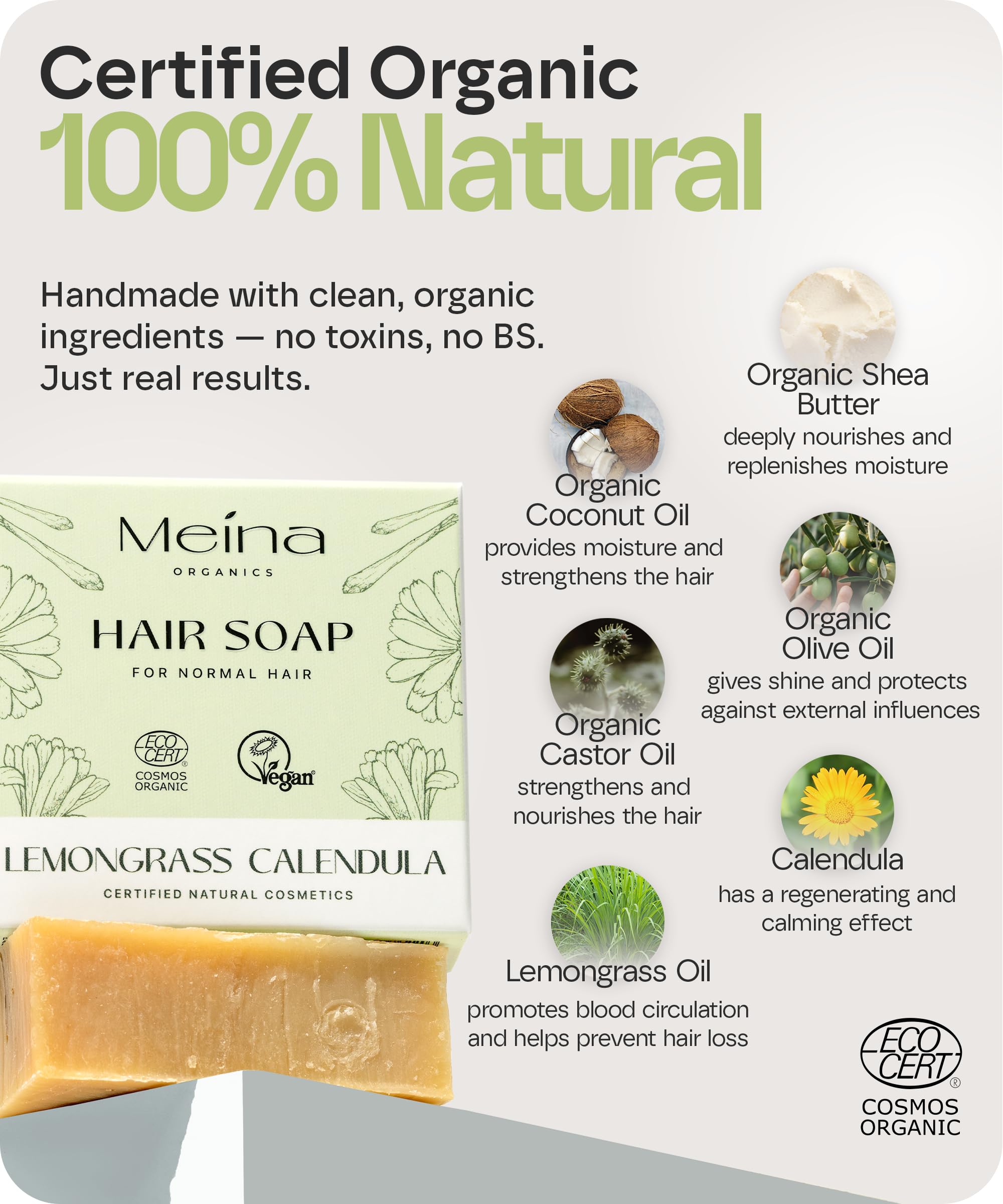 Meina Soap Bar against Hair Loss with Lemongrass, Organic Certified, 100% Natural, Shampoo Bar Substitute, Vegan - Image 4