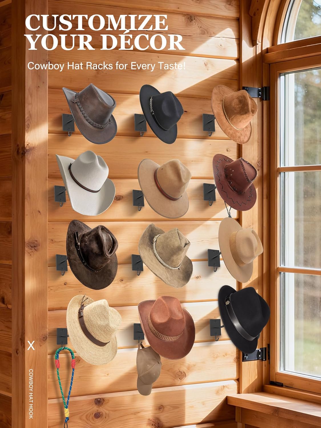 Cinati Cowboy Hat Rack for Wall 12 Pack, Cowboy Hat Holder Wall Mount, Western Rustic Metal Hats Hanger Hooks Organizer for Fedora,Sun Hats,Wide Brim, Extra Hooks for Baseball Caps,Western Room Decor