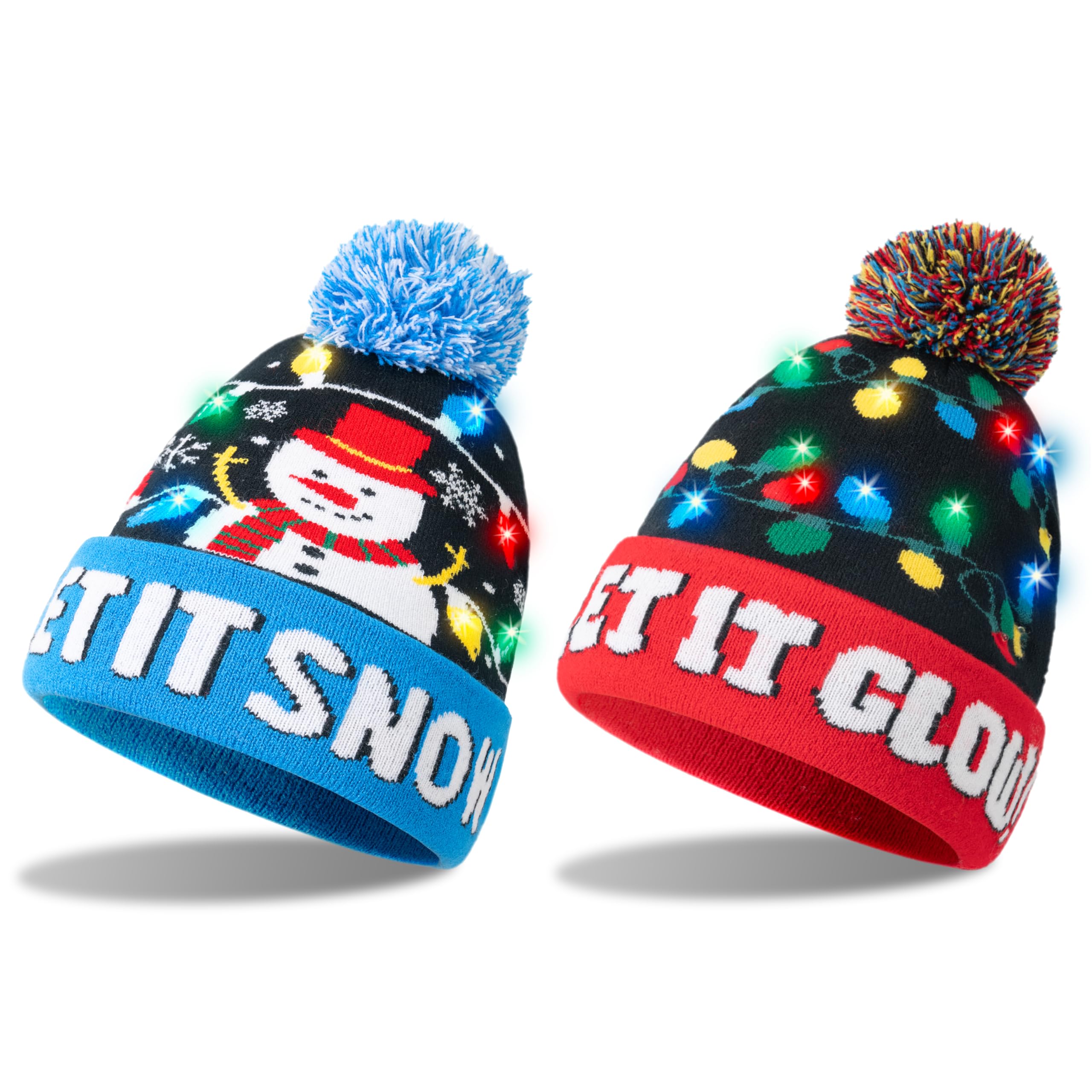 Giggling Getup 2 Pcs Unisex Light Up Christmas Hat with Pom Poms, Snowman Beanies Xmas Hats for Adults Kids, Warm Knit Hats for Presents