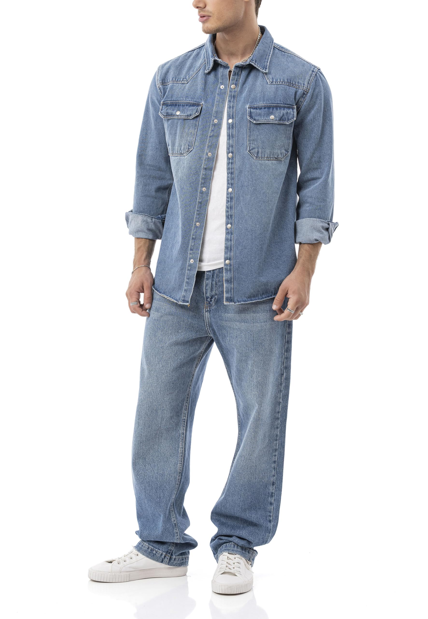Redbridge by Spruce - Camicia in denim, con bottoni a pressione, oversize, con tasche sul petto, a maniche lunghe, vestibilità regolare