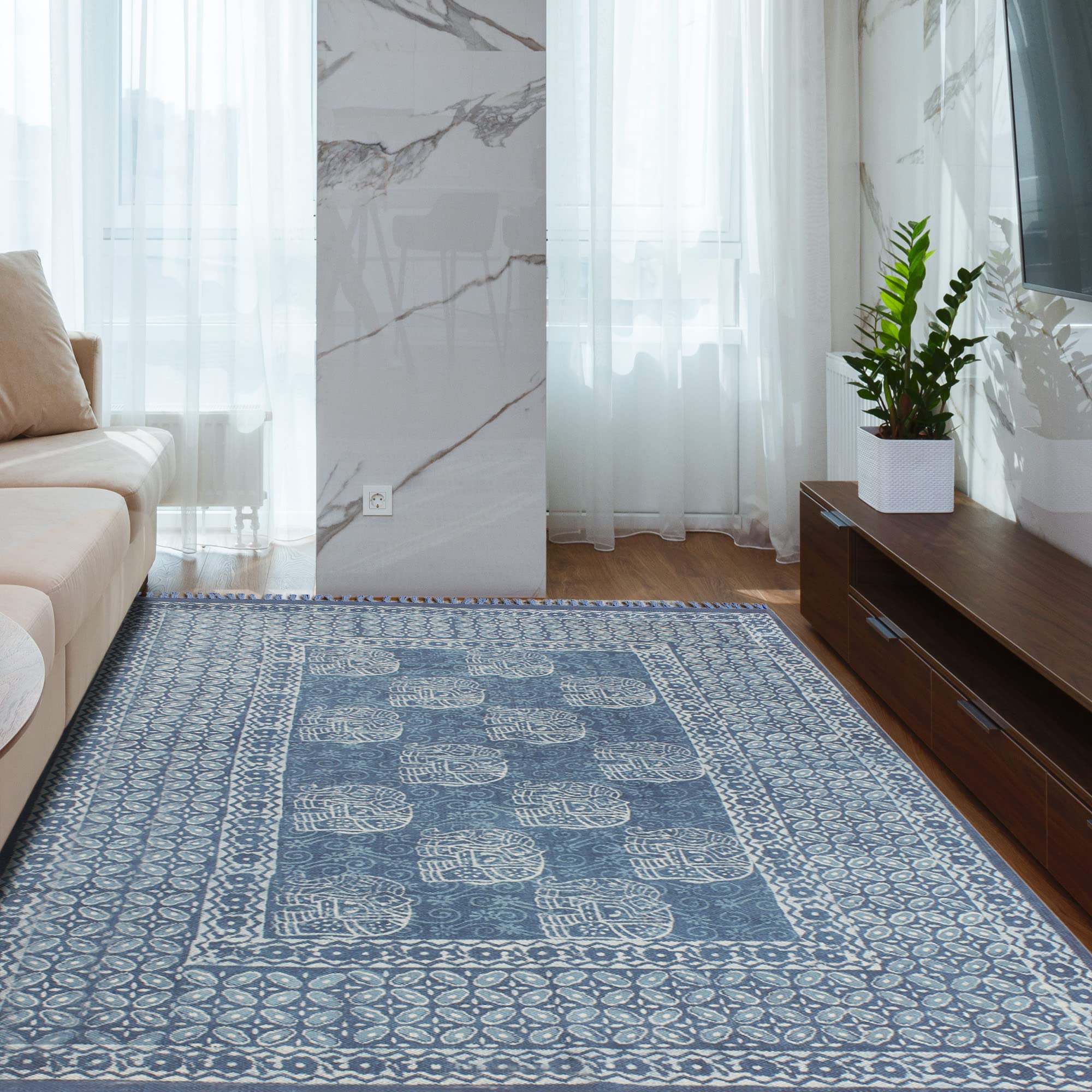 Tappeto Dhurrie Kilim realizzato a mano in cotone stampato Dabu blu indaco Tappeto per interni e soggiorno a trama piatta, adatto per camera da letto e bagno, 120 x 120 cm