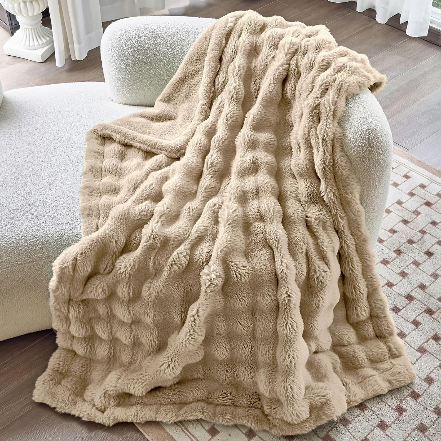 Faux Fur Light Camel Throw Blacket for Couch - Super Soft Heavy Flufyy Thick Bubble Throw Blankets for Bed Bedroom Living Room Farmhouse Sofa Chair Fall Winter Warm, 90x90 Inch