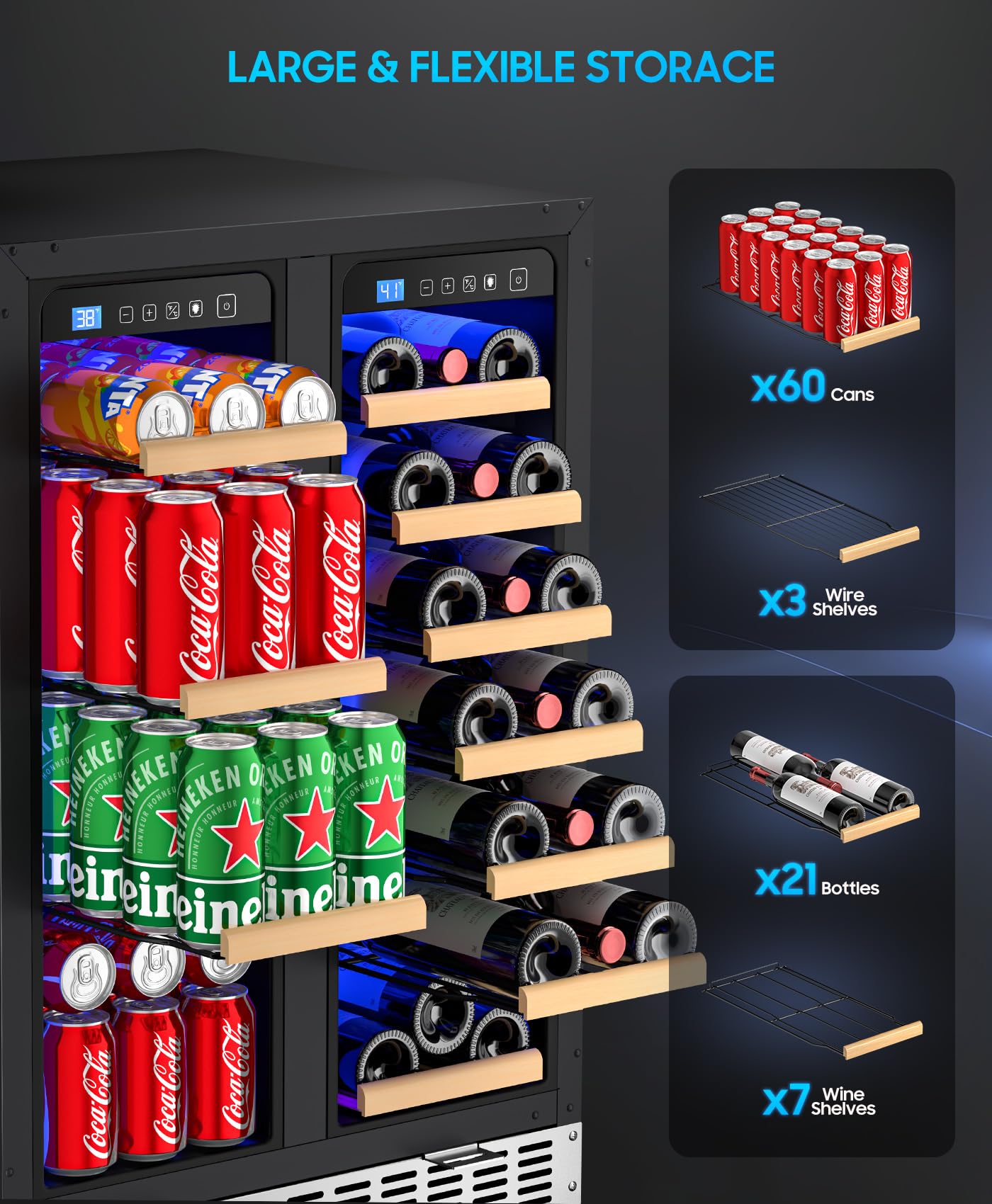 Eorice Wine And Beverage Refrigerator With Glass Door, 24-Inch Dual Zone Wine Fridge Under Counter - 21 Bottle And 60 Can Large Capacity LED Blue Light Smart Fast Cooling Wine Cooler Drink Fridge on Fridge.com - View 3