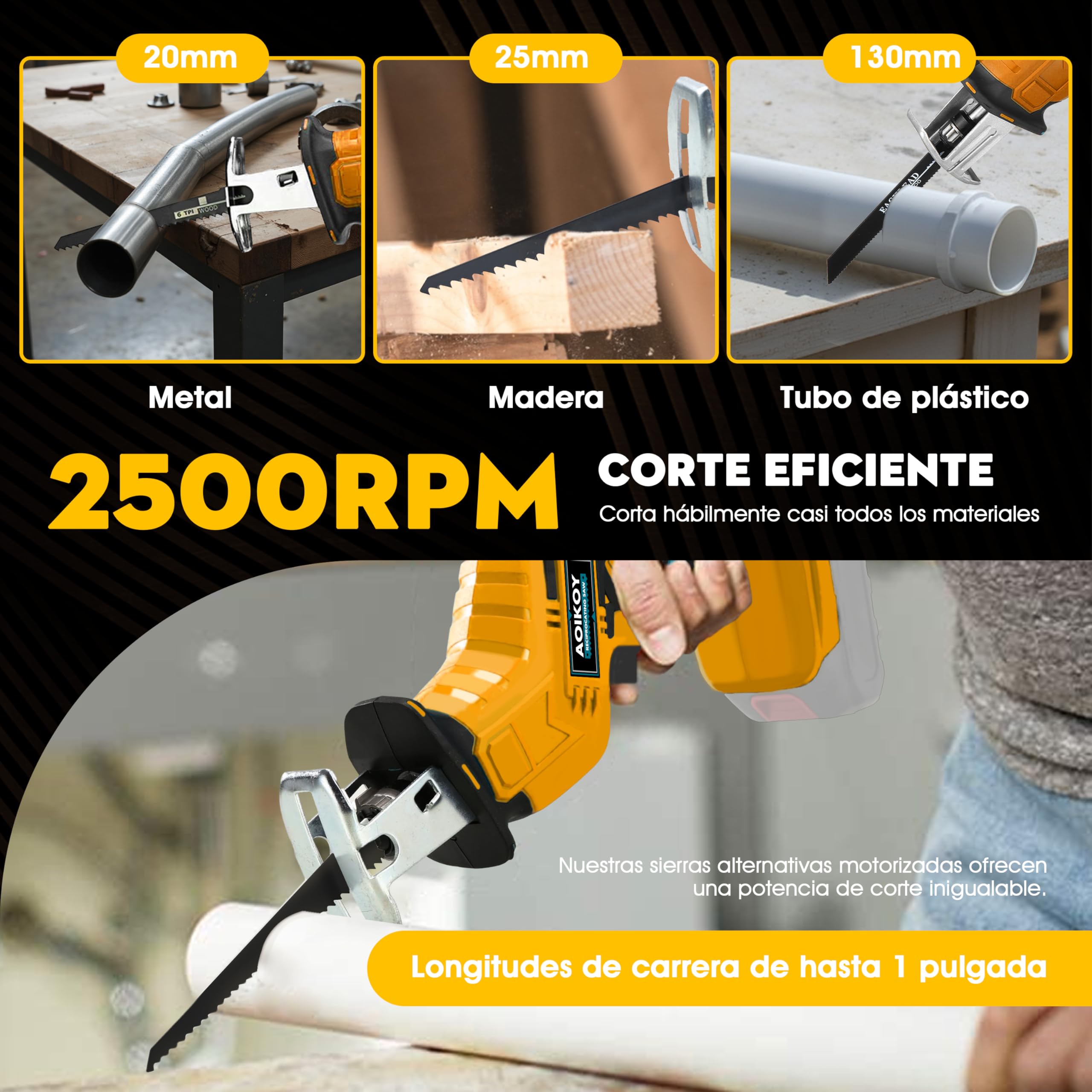 Sierra Sable Sin Cable para Dewalt 21V, Segadora Alternativa Sin Escobillas con 4 Hojas, Velocidad Ajustable 0-2500 RPM para Corte de Madera/Metal/PVC (Sin Batería)