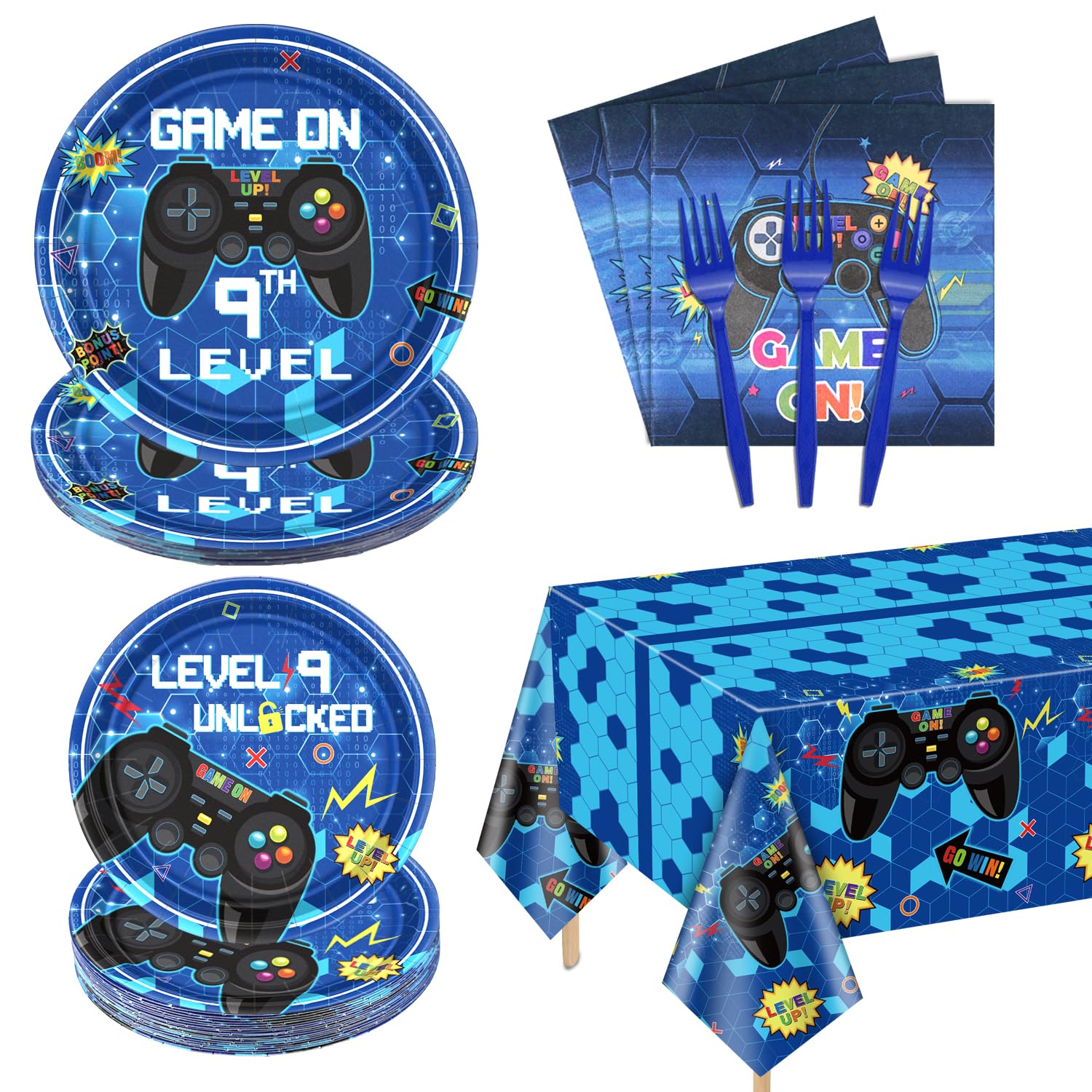81 Pcs Video Game Party Supplies - 9th Birthday Video Game Party Decor Dinner Plates Napkins Video Game Tablecloth Forks Gaming Party Pack for Kid Boy
