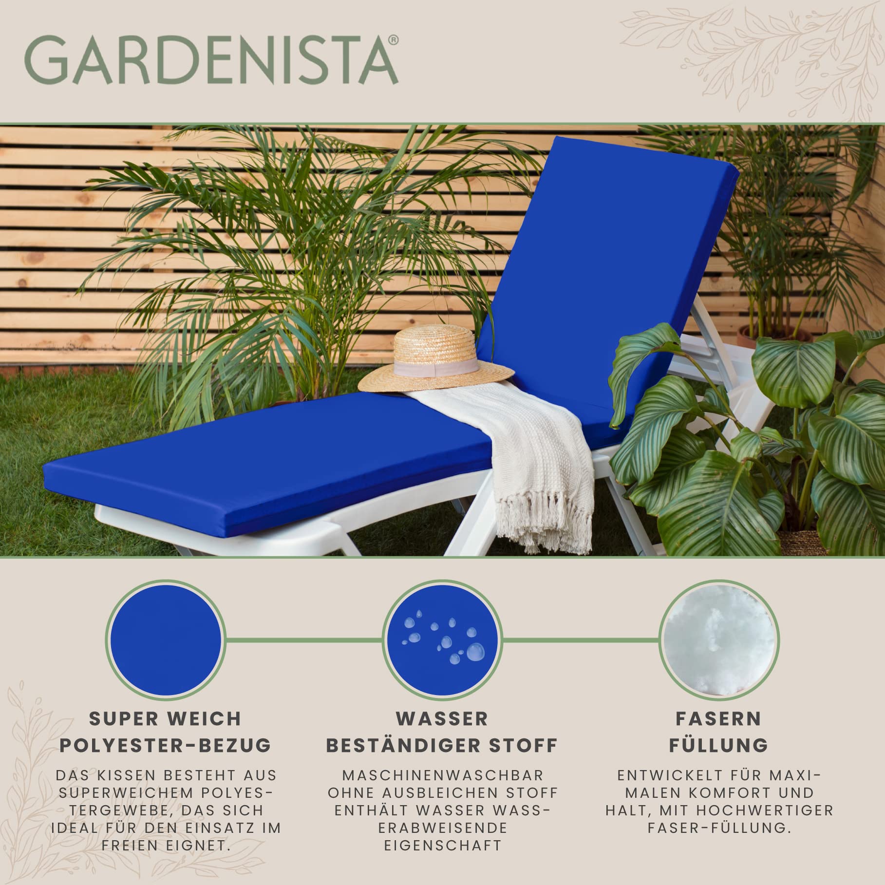 Gardenista Outdoor Auflage Gartenliege | Polsterauflagen für Gartenmöbel | Wasserbeständig Liegepolster | Bequeme Sonnenliege Liegestuhl Kissen