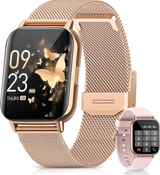 2026 Nuevo Reloj Inteligente Mujer, 1.85" AMOLED Smartwatch con Llamadas Función Femenina, 24H SpO2/Pulsómetro/Sueño,113+ Modos Deportivos 5ATM Calorías Podómetro WhatsApp Android iOS Oro Rosa, Regalo - 1