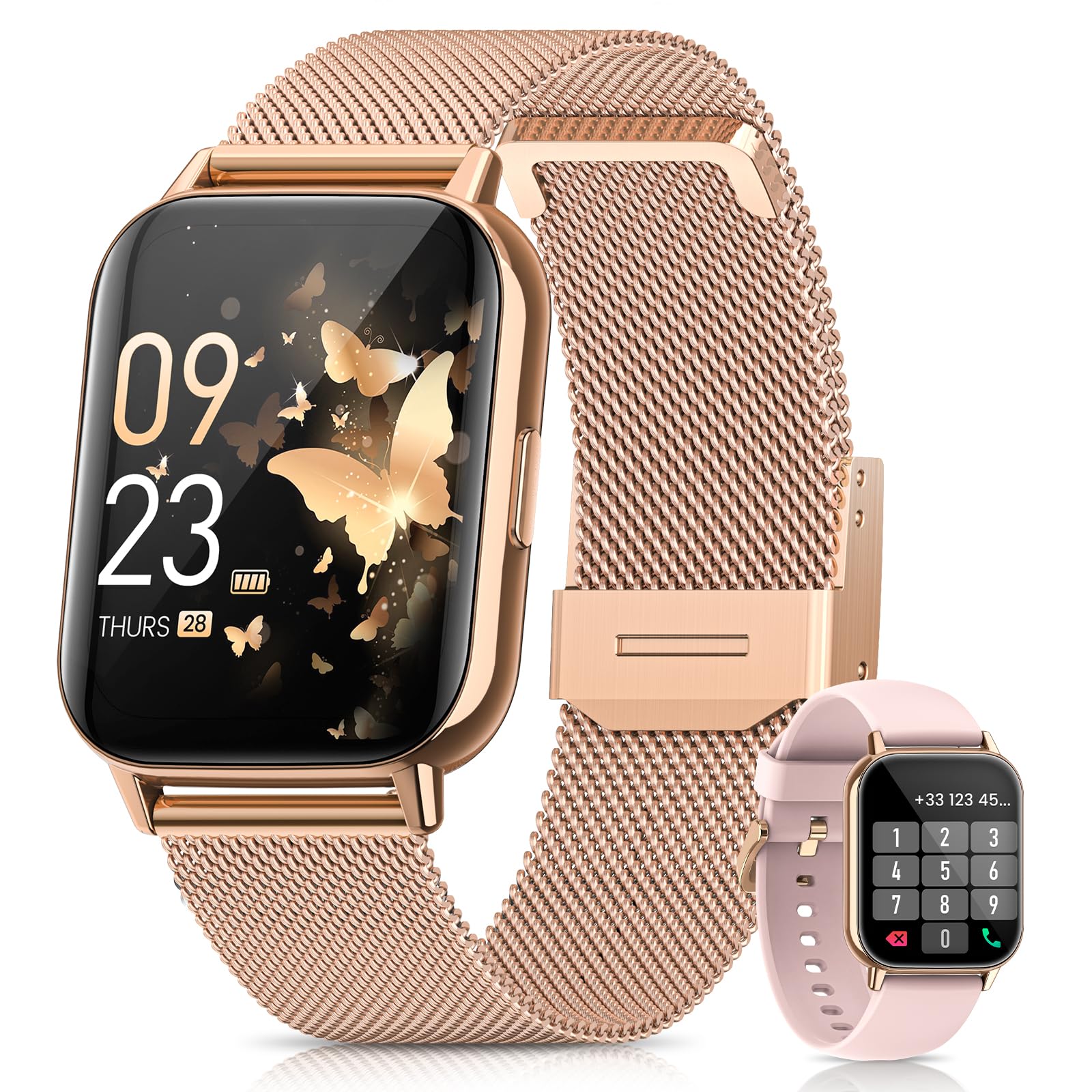 2026 Nuevo Reloj Inteligente Mujer, 1.85" AMOLED Smartwatch con Llamadas Función Femenina, 24H SpO2/Pulsómetro/Sueño,113+ Modos Deportivos 5ATM Calorías Podómetro WhatsApp Android iOS Oro Rosa, Regalo