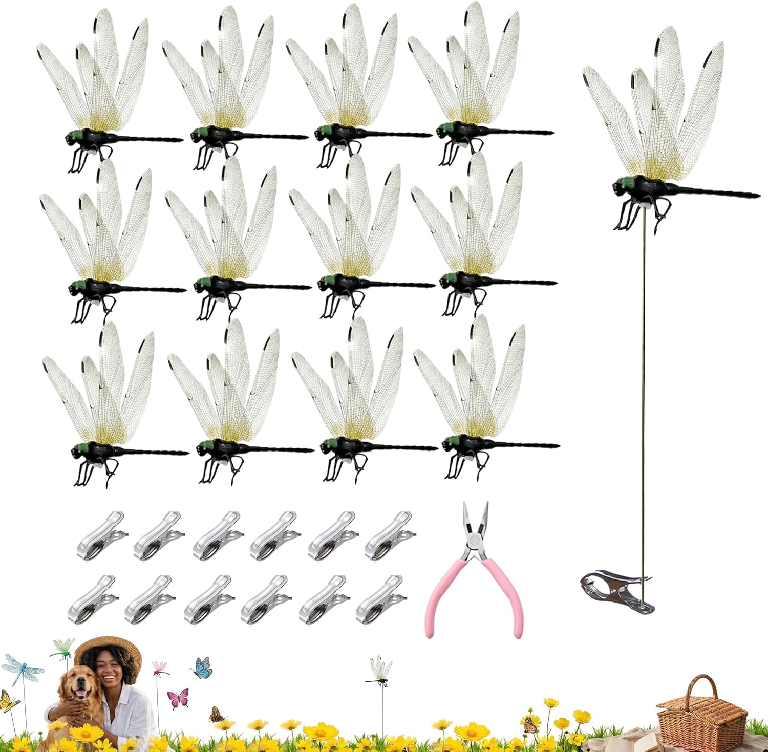 Jongdari Dragonfly Hat Clip Realistic Fake Dragonflies Clip-On Garden Outdoor Decor Stakes Plastic Dragon Fly Clips Plant Decorations for Pot (6 Colors, 24pcs)