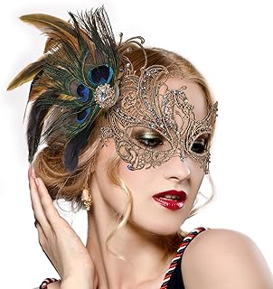 Máscaras de encaje para mujer, máscara veneciana de plumas de pavo real de los años 20 para Halloween, parejas, baile de Mardi Gras