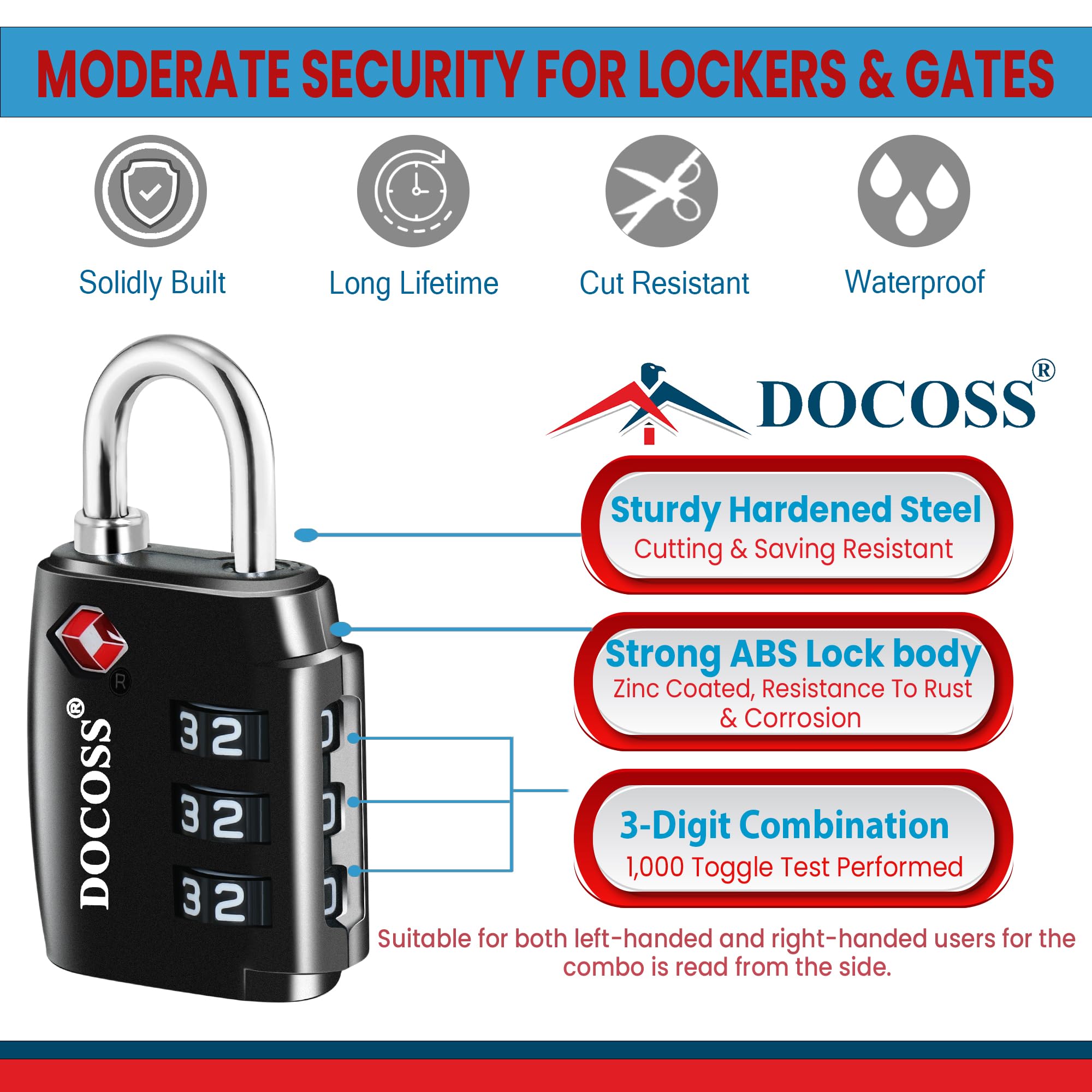 DOCOSS-202 Strong ABS TSA Locks for Luggage, Number Lock for Bag Small Locks for Luggage TSA Lock Combination Password Locks for Travel (Black (1 pc) 4