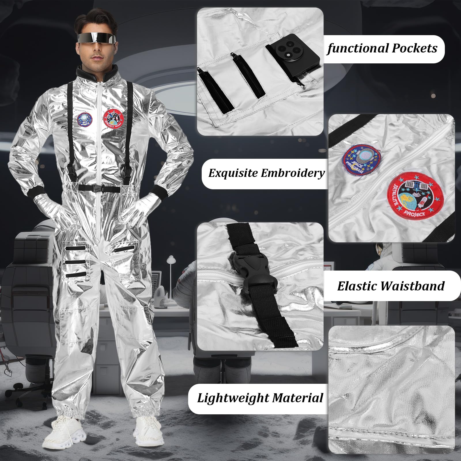 Candyhouse Disfraz de Astronauta para Adulto - Traje Espacial Plateado para Halloween con Casco Espacial, Guantes y Gafas