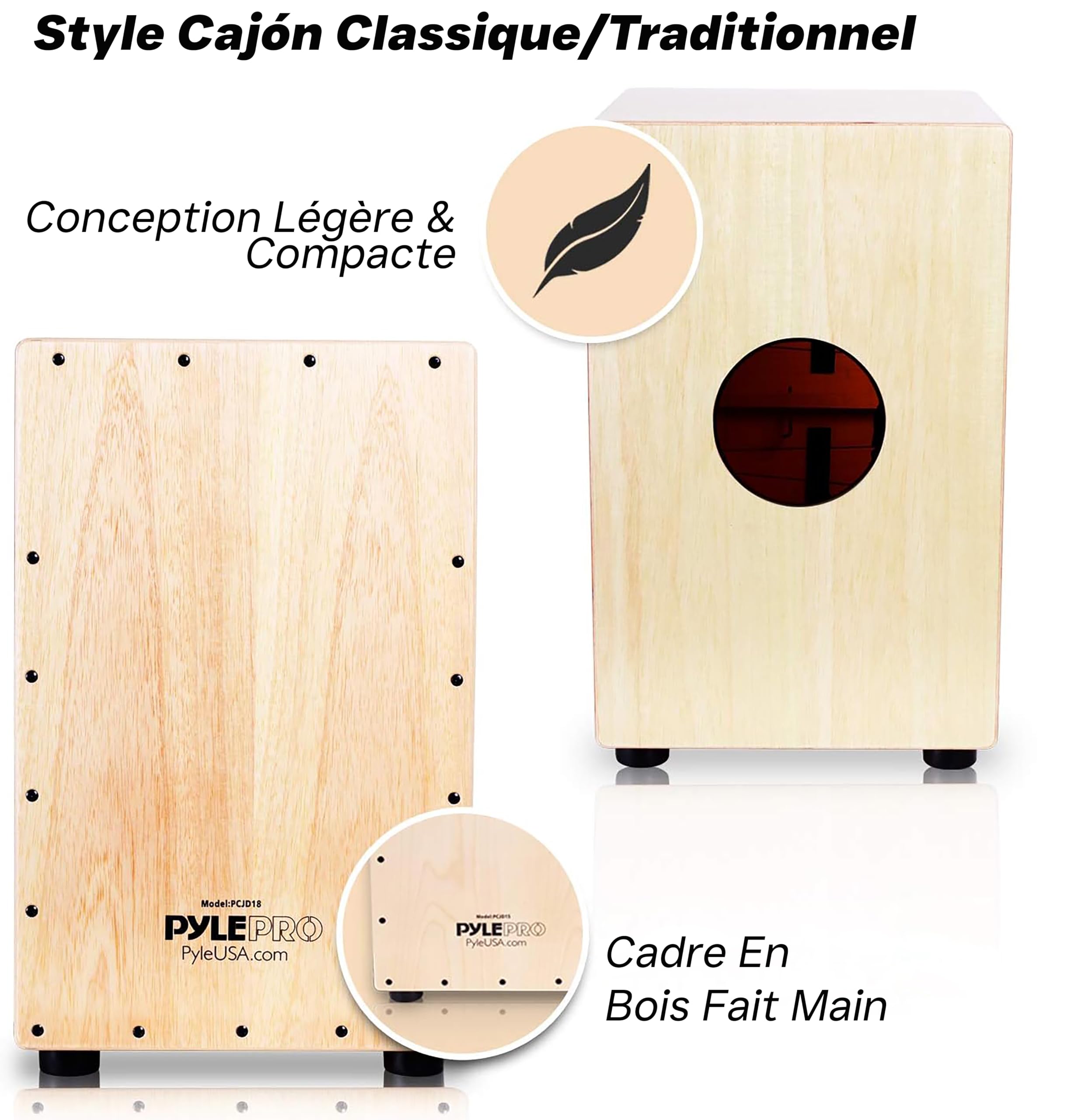Pyle Cajón Compact Acoustique en Bois de Bouleau avec Cordes de Guitare Internes - Caisse à Percussions avec Son de Basse Profonde, Claquement Classique et Crépitement