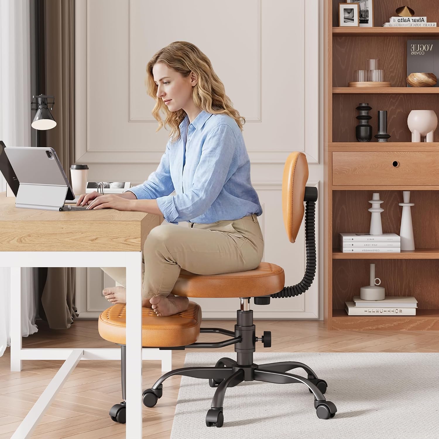 Cross Legged Office Chair, Criss Cross Desk Chair with Wheels (Brown)