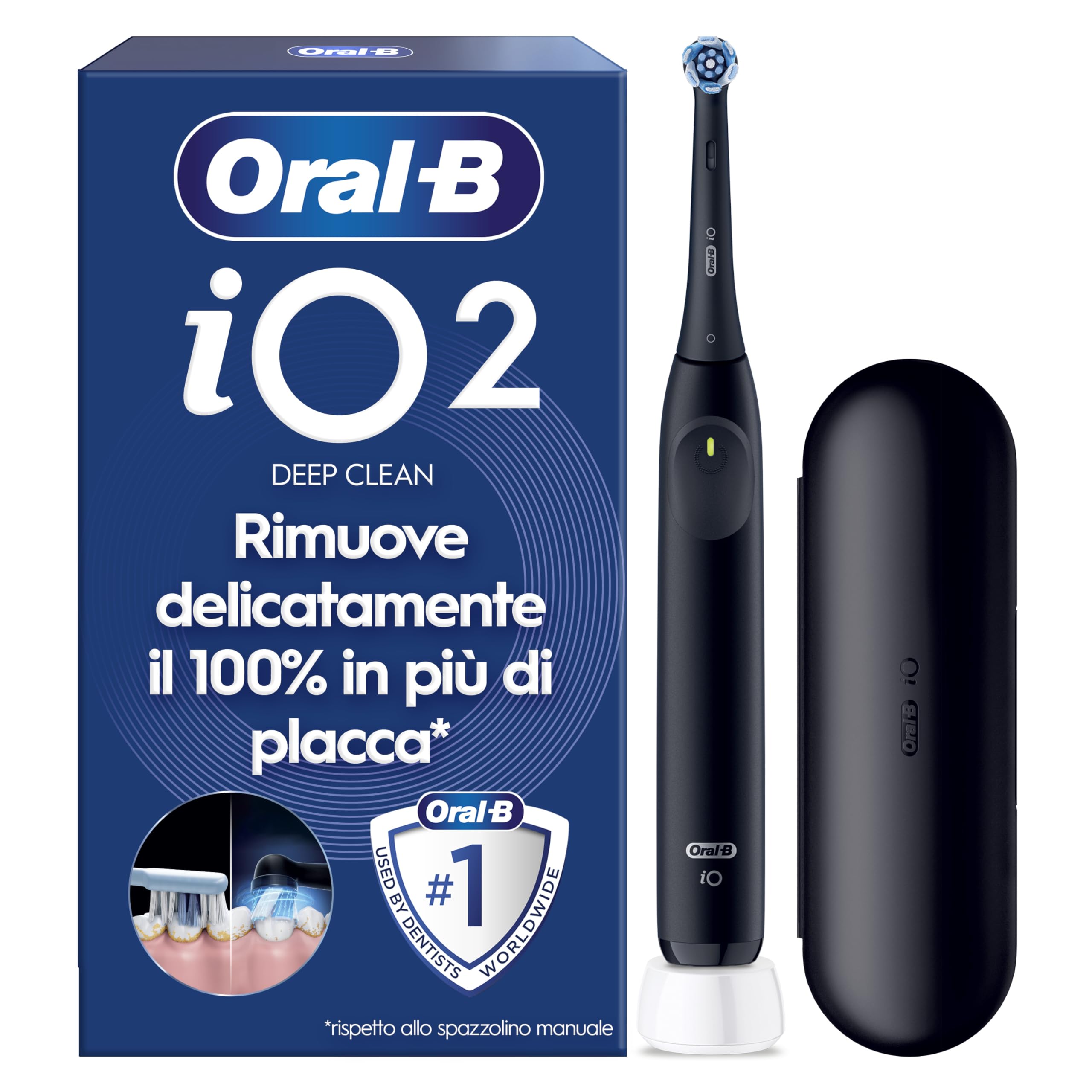Oral-​B iO 2 Spazzolino Elettrico Oral B, Nero, 1 Testina Di Ricambio, 1 Custodia Da Viaggio, Spazzolino, Delicato sulle Gengive, Efficace sulla placca, Sensore di Pressione