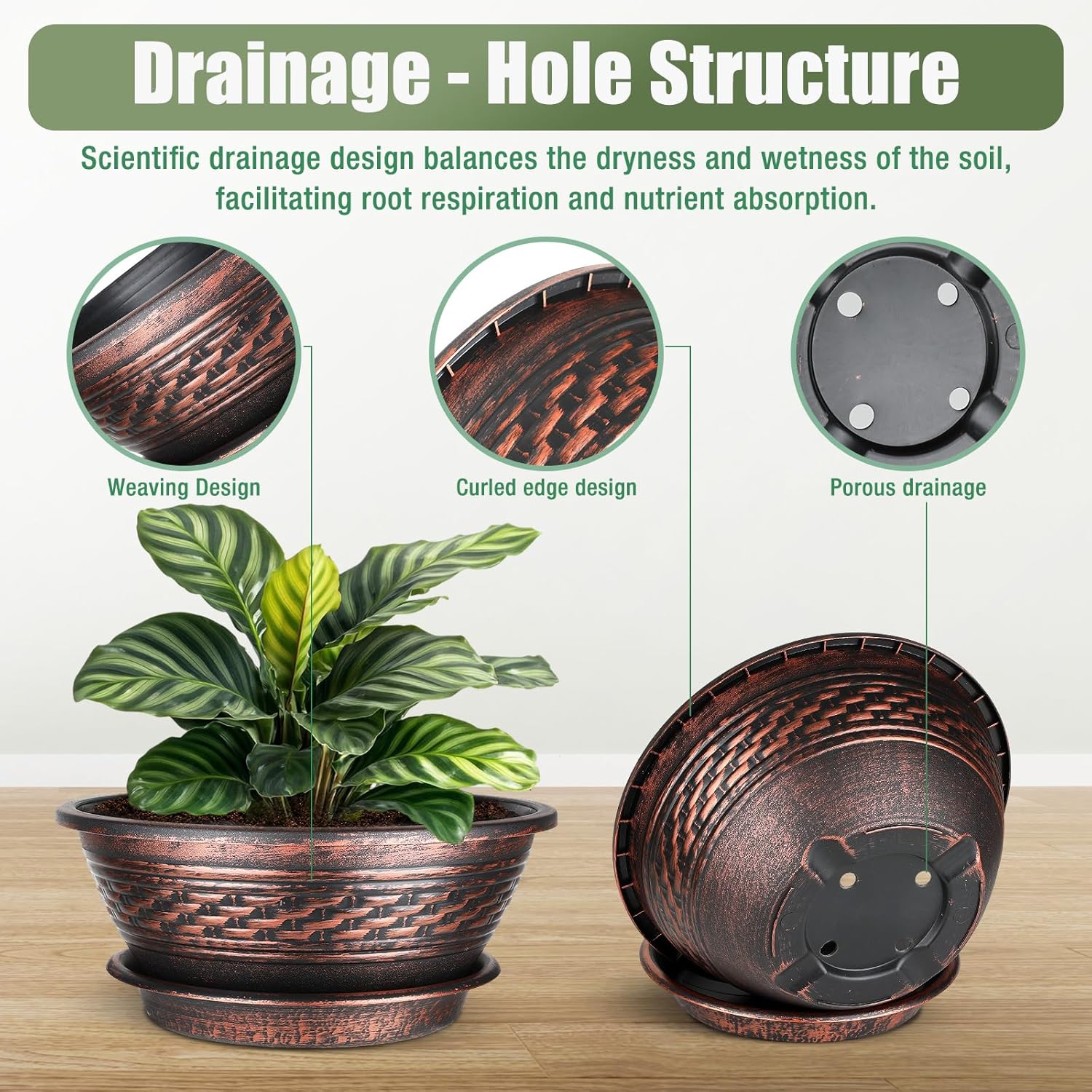 NIKONIKO 12 Inch Plant Pots, 6-Pack Plastic Woven Look Ripples Planters with Drain Holes & Trays, Retro Design Flower Pots for Indoor and Outdoor Plants