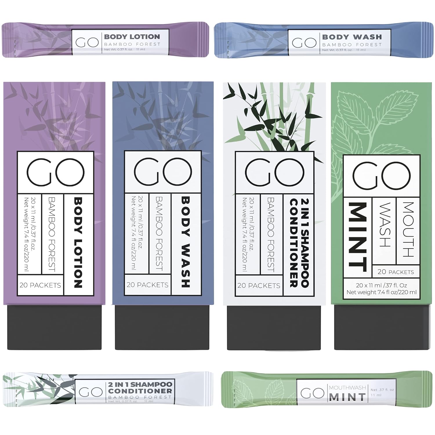 Go Essentials - Bundle Sets (Bamboo Forest and Refreshing Mint, 80 Packets Total (20 of Each)) Travel size mouthwash, shampoo/conditioner, body wash, body lotion.