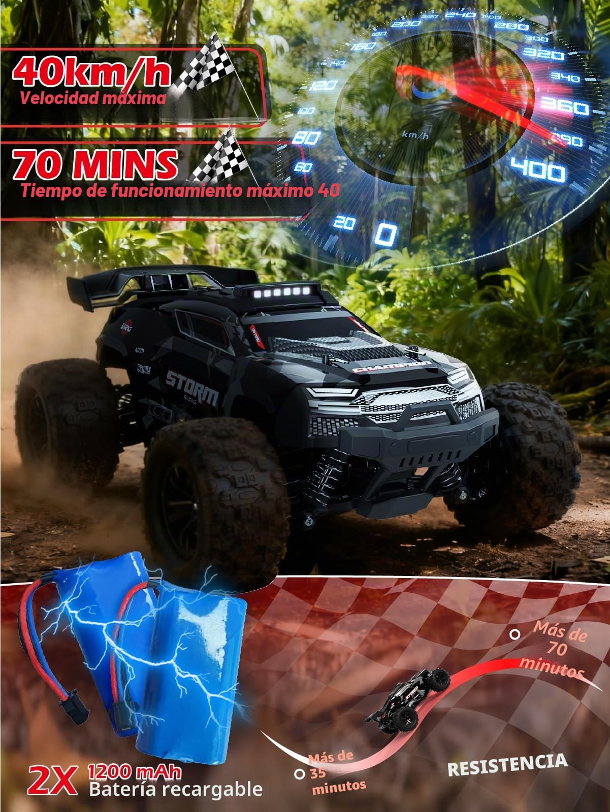 Kiztoys Coche Teledirigido - 2,4 GHz Coche RC Vehículo Todoterreno de Alta Velocidad 40 km/h Avec Lumières 1:18, 4WD Radiocontrol Buggy Crawler Controlados Juguete Regalo para Niños Adulto