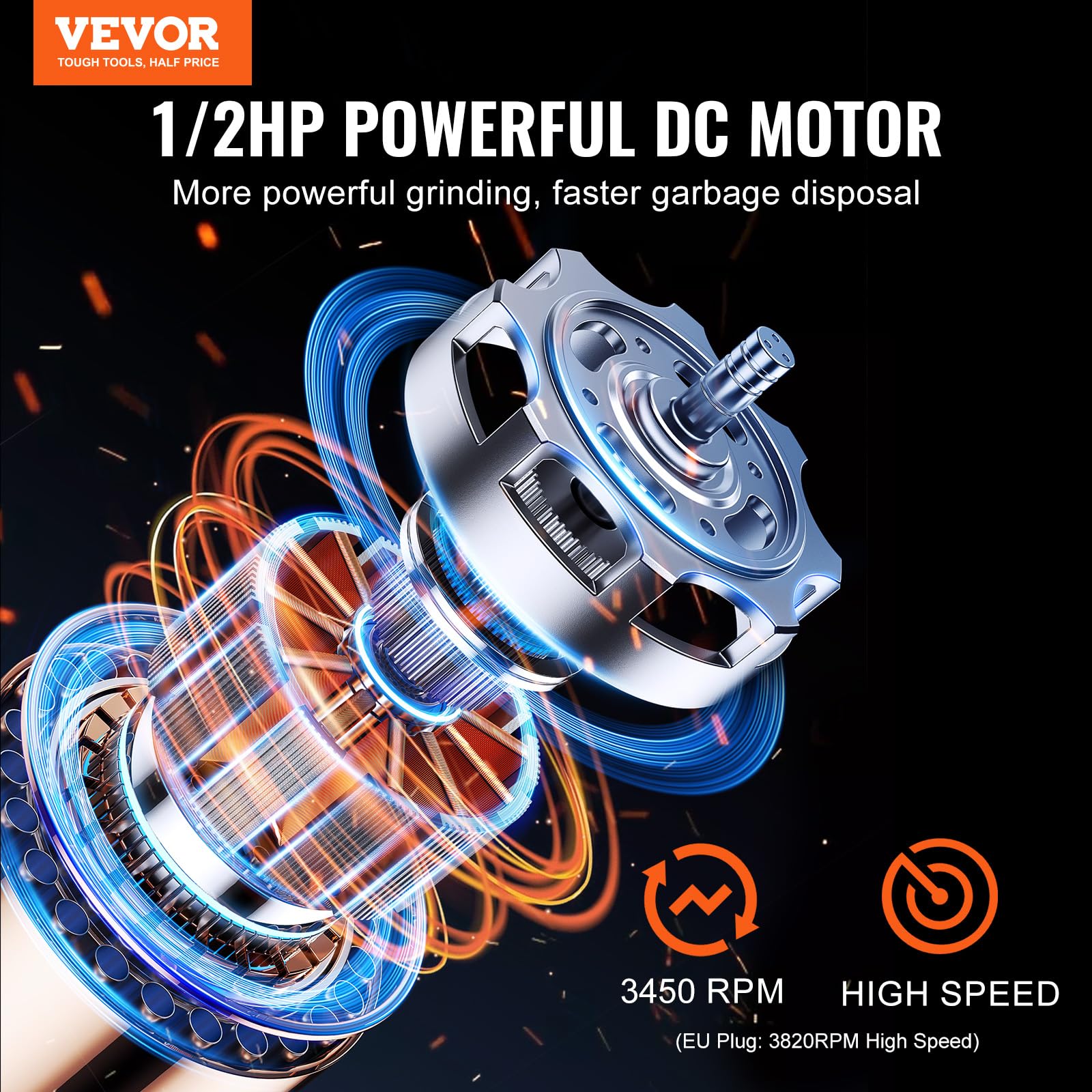 VEVOR Triturador de Basura para Fregadero de Cocina, 1/2 HP, Sistema de Eliminación de Residuos de Alimentos, 3820 RPM, con Cable de Alimentación, para el Hogar, Cocina, 150 x 150 x 335 mm, Negro