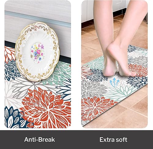 Miniatura 3 de RosieLily Dahlia - Juego de 2 tapetes de cocina, antifatiga, impermeables, de piel de PVC, antideslizantes, cómodos, para estar de pie, para correr,