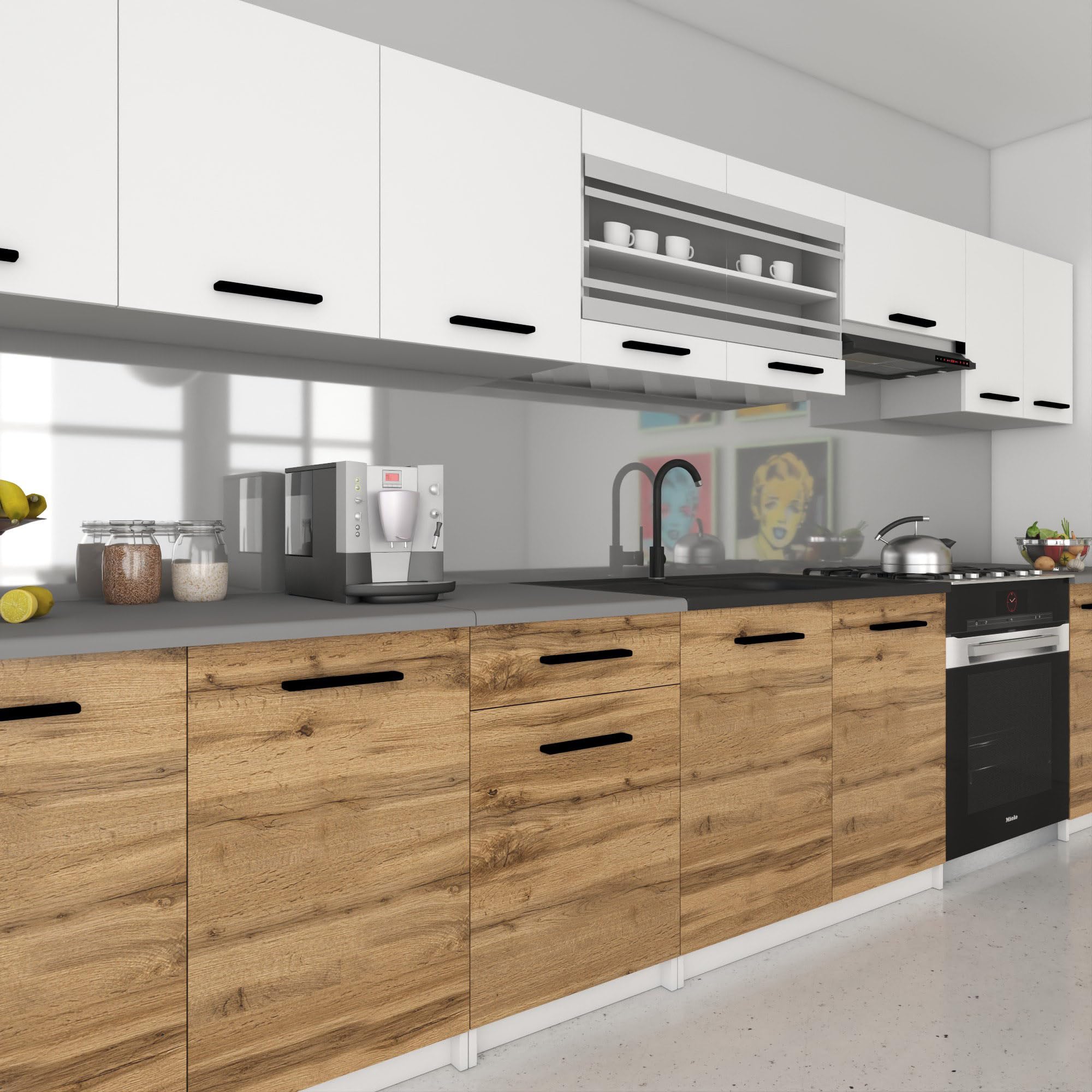 Belini Italia 3 Liniowa szafka kuchenna 320 cm biało-brązowy złoty matowy | ECONATURA DECOR Liniowa szafka kuchenna, szafka, bez sprzętu AGD, z blatem roboczym