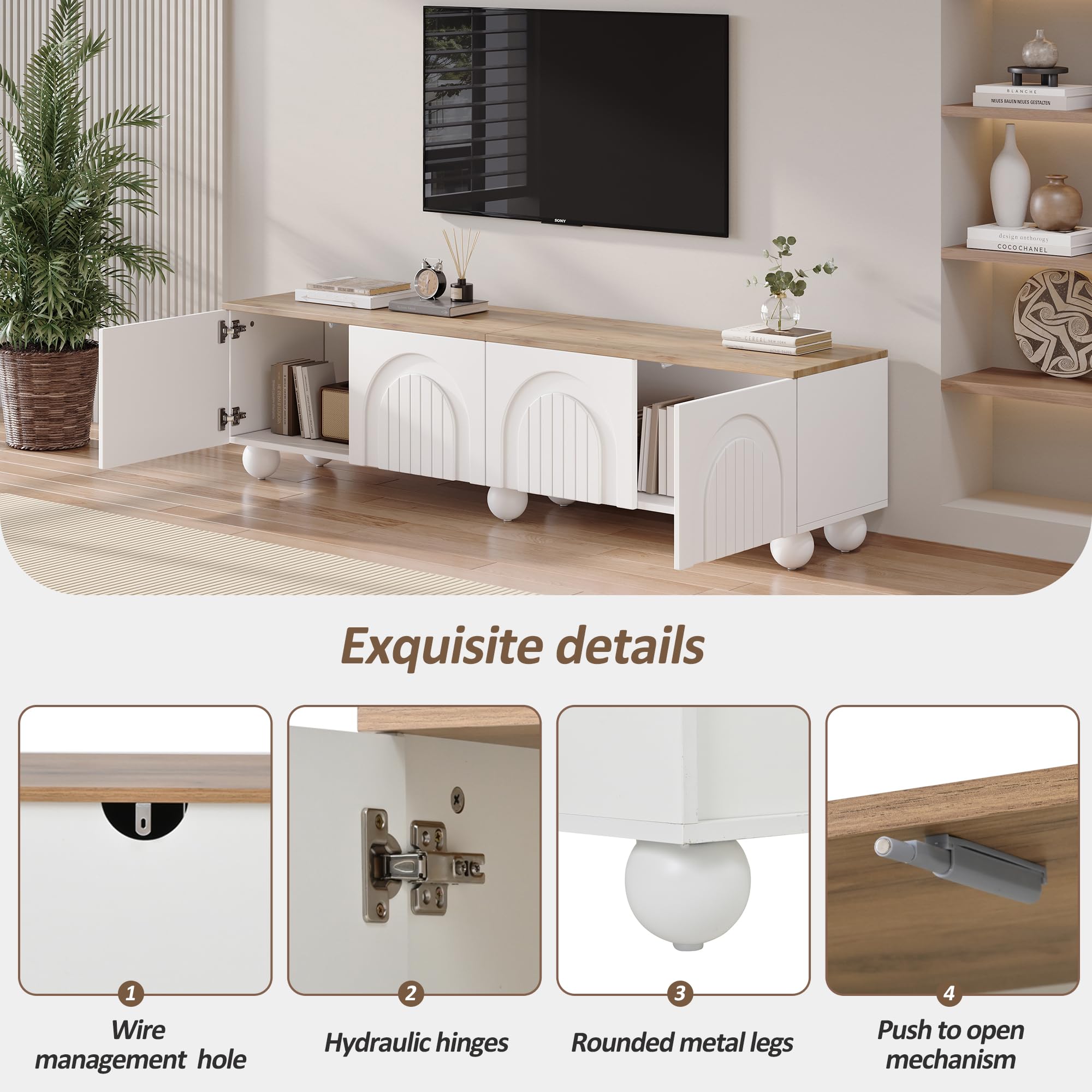 Armario de TV con 4 armarios, soporte para TV y armario de televisión con 6 patas de bola de metal, adecuado para televisores de 80 pulgadas, color madera + blanco, 180 x 40 x 45 cm