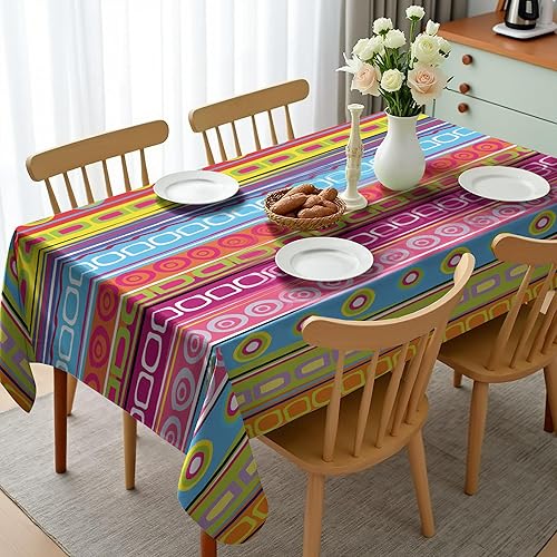 Miniatura 2 de Ambesonne Mantel a rayas, colorido diseño de círculos de rayas retro, estilo bohemio de los años 90, estampado de arco iris, para mesa rectangular