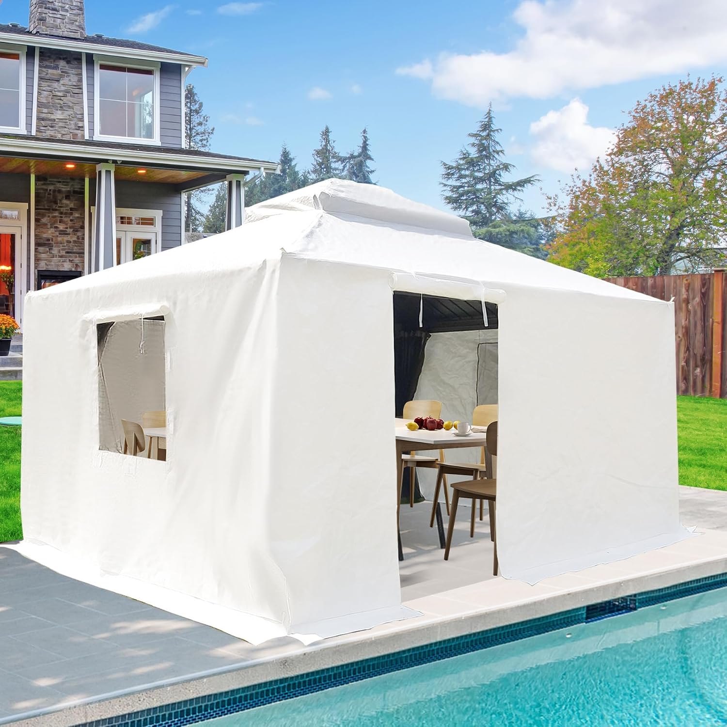 12 x 14FT Outdoor Gazebo Cover for Hardtop Gazebos, Universal Winter Gazebo Cover with Sidewalls and Mesh Windows, All-Season Waterproof, White (Gazebos Not Included)