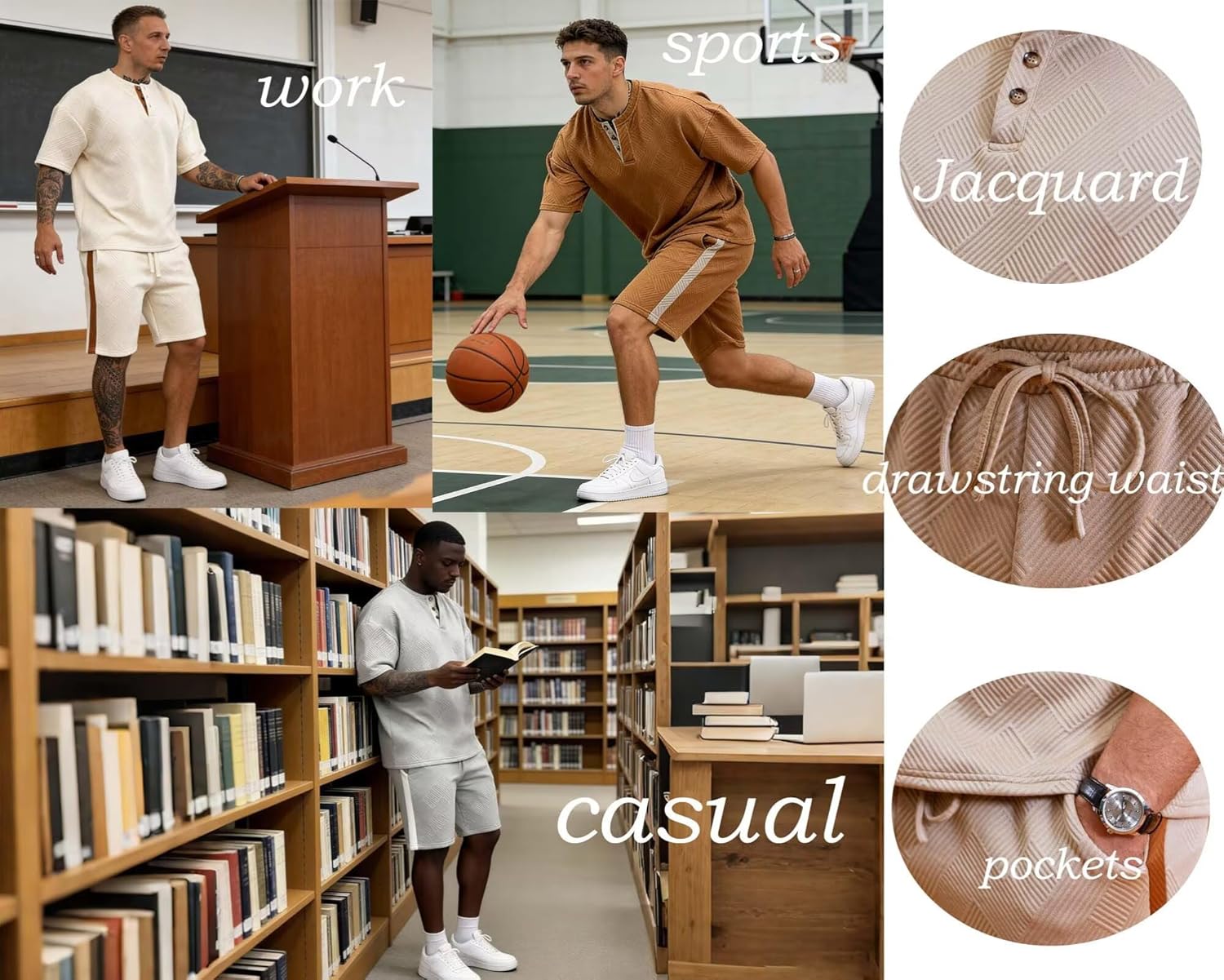 Men's 2 Pieces Outfits Short Sets Henley Shirt and Bottom Summer Jacquard Tracksuits Jogging Matching Set