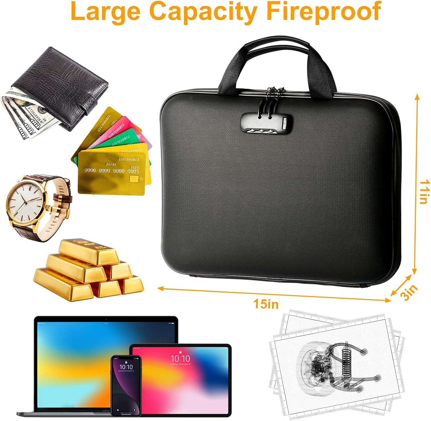 Fireproof Document Box with Lock, Portable Hard-Shell Case Fireproof File Box for Documents, Waterproof Document Box File Organizer for Important Documents/Certificates/Laptop/for Home or Travel
