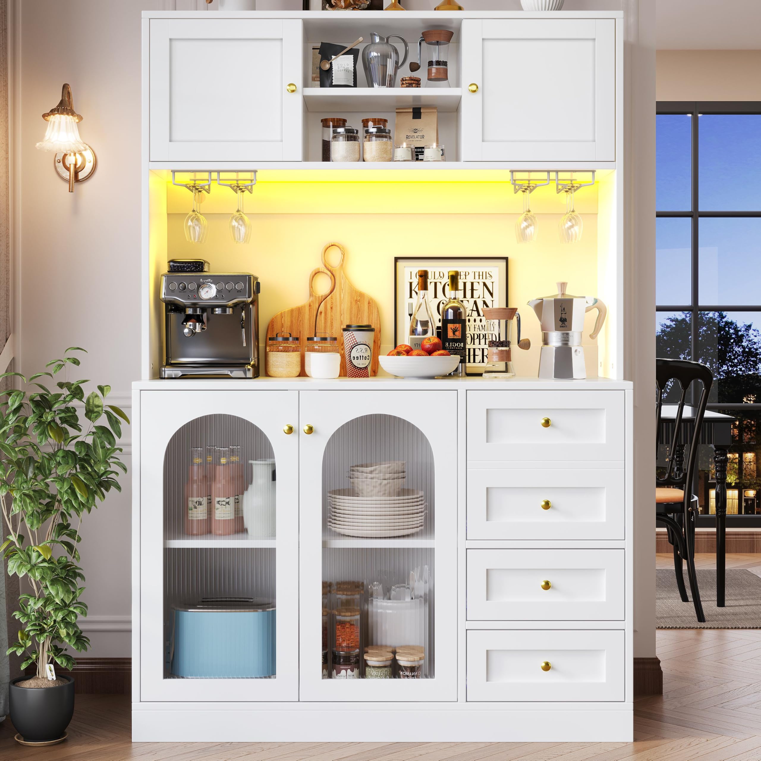 Seitenboard/Aufbewahrungsschrank/Küchenschrank/Buffetschrank, 120x40x188cm, 4 Türen, mit LED-Lichtleiste & Getränkehaltern, Weiß