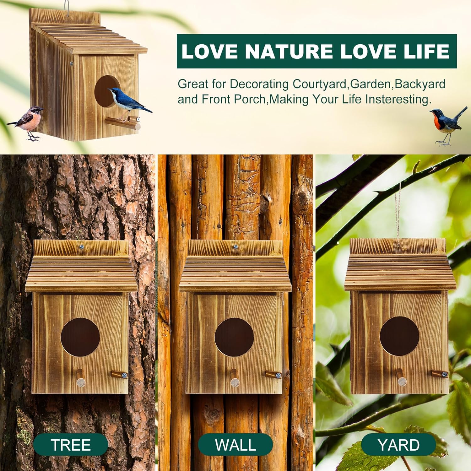 Tradder 3 Pcs Wood Bird Houses for Outside with Pole Hanging Bluebird Wooden Birdhouse for Outdoor Small Bird Nest Box for Finch, Bluebird, Hummingbird, Parakeet Garden Perch