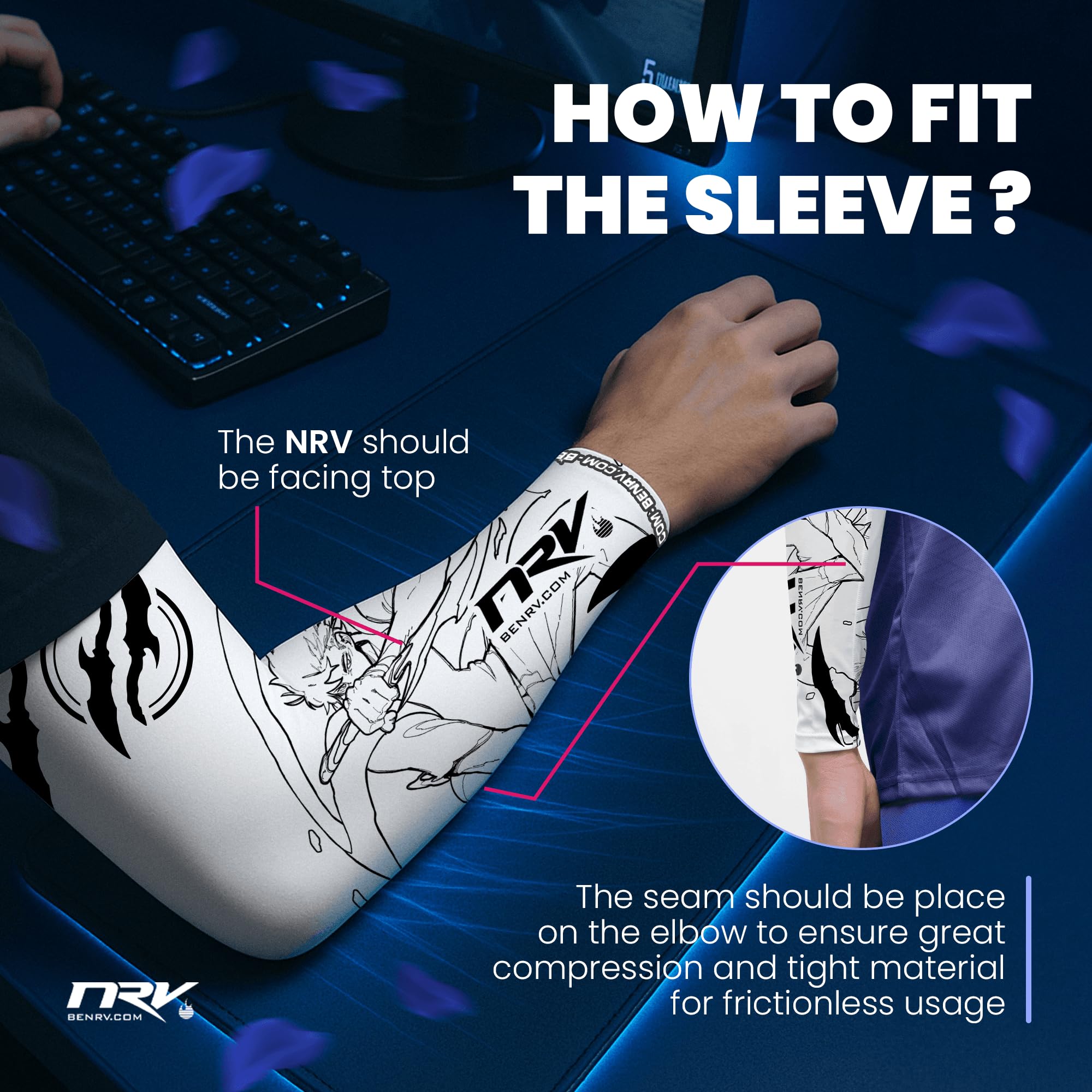 NRV Manchette Gaming eSport MasterPiece – Compression Confort & Contrôle – Anti-Friction – Inspiration Manga – Blanc & Noir – Taille S à 3XL