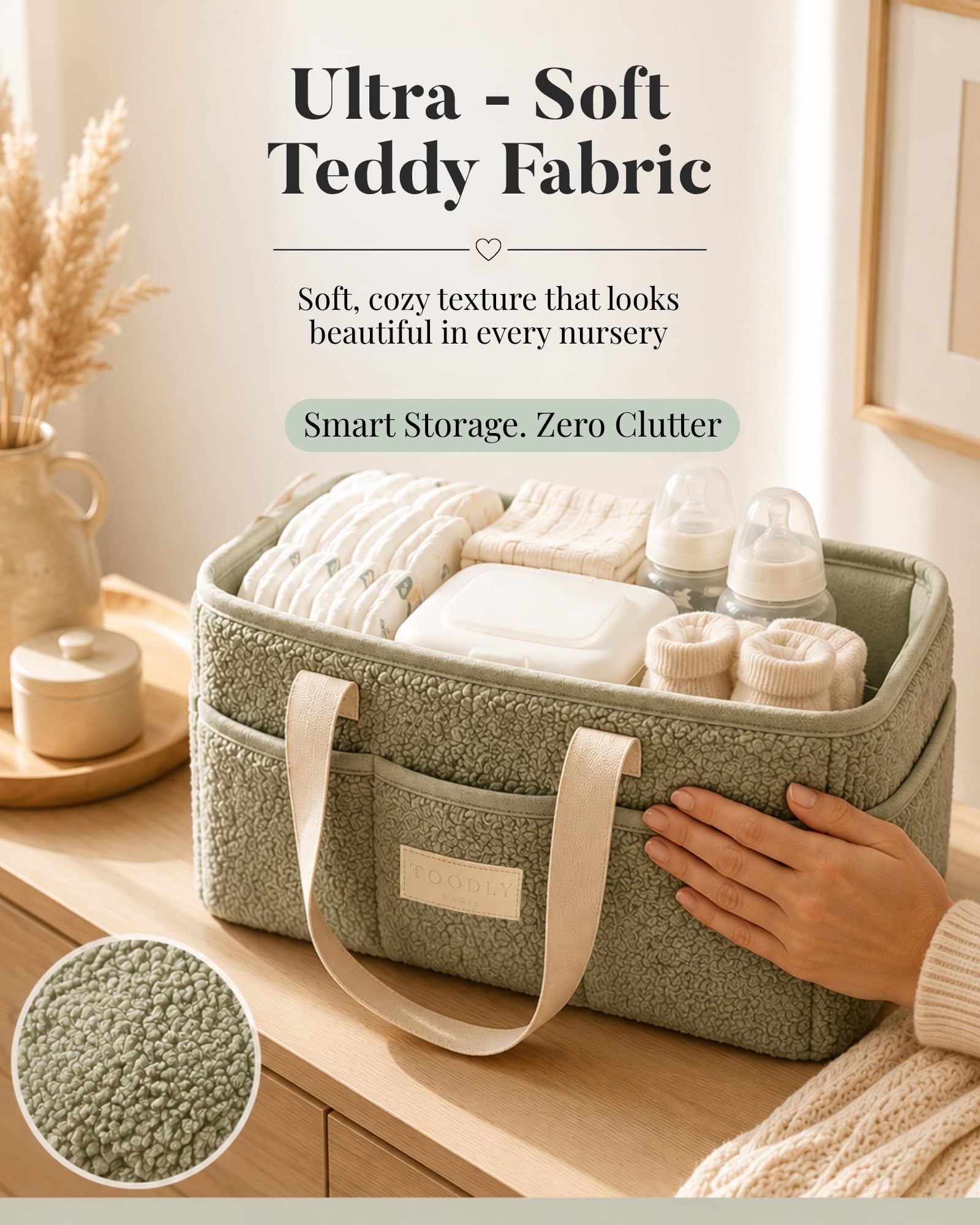 Baby-Wickeltasche mit tragbarer Wickelunterlage – Teddy-Fleece-Windel-Organizer für Wickeltisch – Korb für Wickelutensilien – Baby-Essentials Organizer mit herausnehmbaren Trennwänden