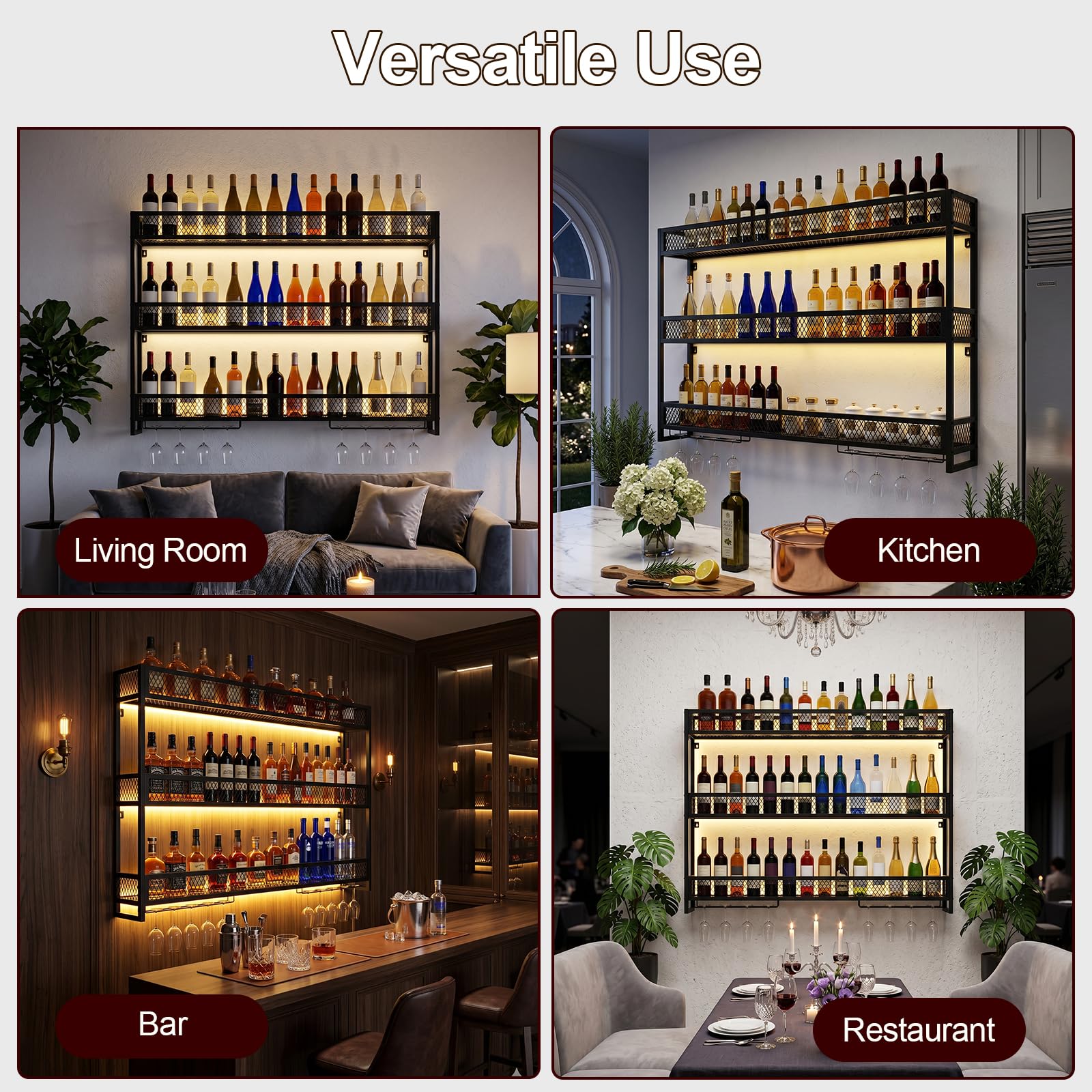 Étagère murale à vin avec support en verre à 3 étages - En métal - Support d'affichage mural pour bouteille de vin - Étagère en verre - Étagère à bouteilles suspendue pour cuisine, salle à