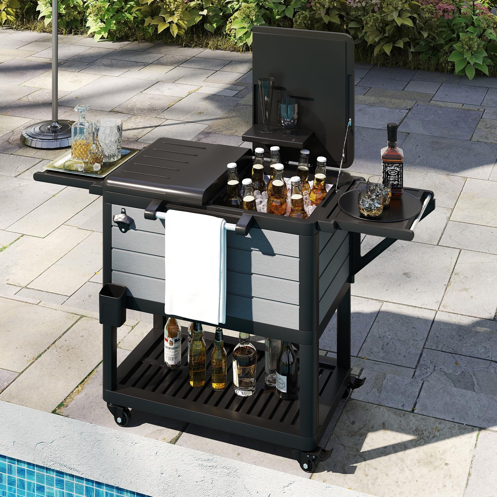 SOARS - Refrigerador con ruedas (91 L, barra exterior móvil, 83 x 50 x 85 cm, con separador extraíble, 2 estantes laterales plegables, 4 ruedas universales, para jardín, terraza, piscina