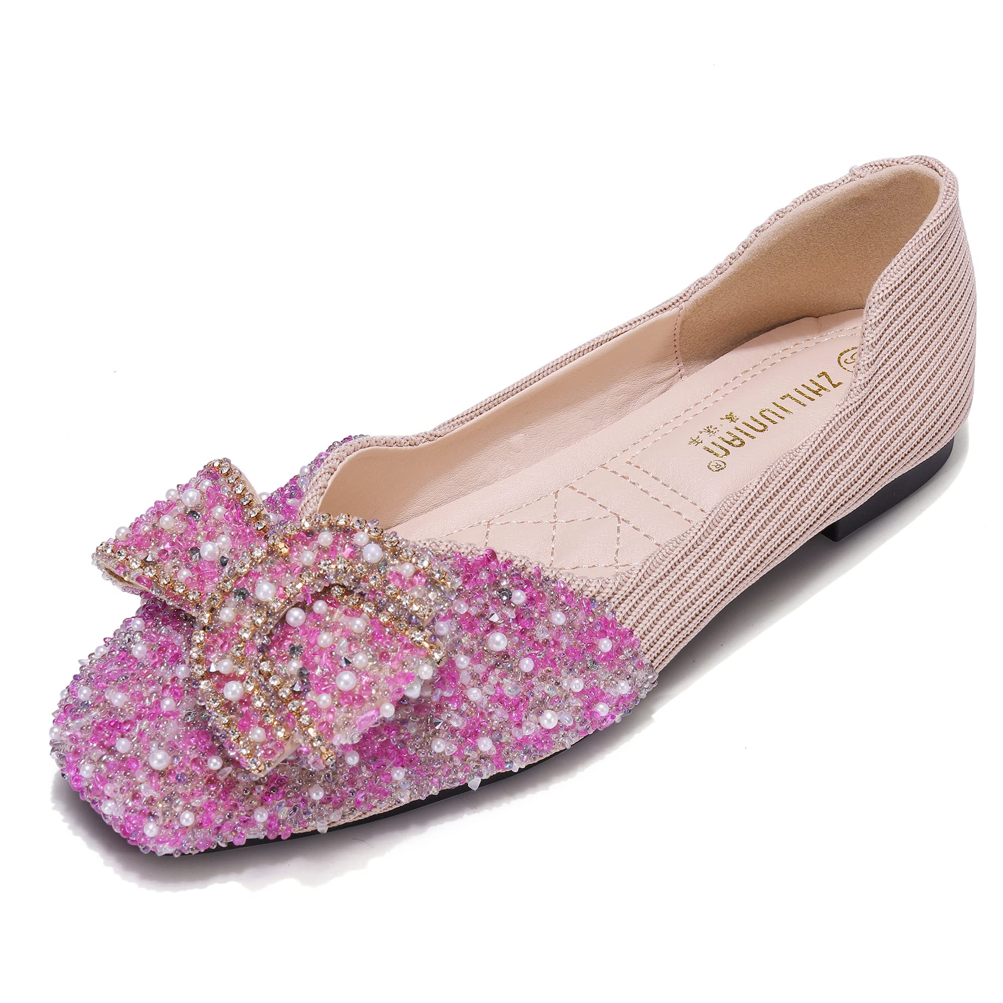 QXCGDYXTFlats Shoes Women Rhinestone Square Fashion Ballet Flats Wedding Flats for Women Comfortable Slip on Low Heel Dress Shoes