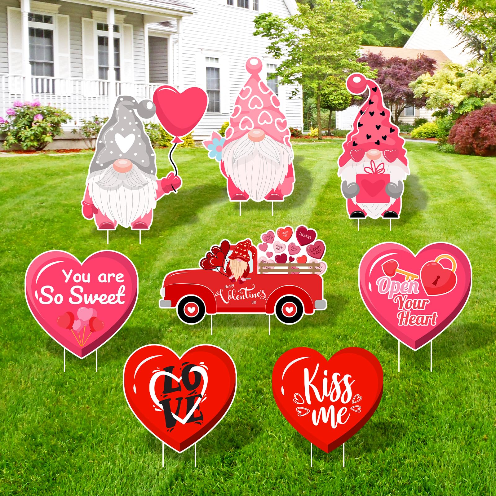 Large Valentines Day Yard Signs 8pcs with Stakes Gnomes Hearts Truck Garden Decorations Outdoor Holiday Welcome Signs for Valentines Day Themed