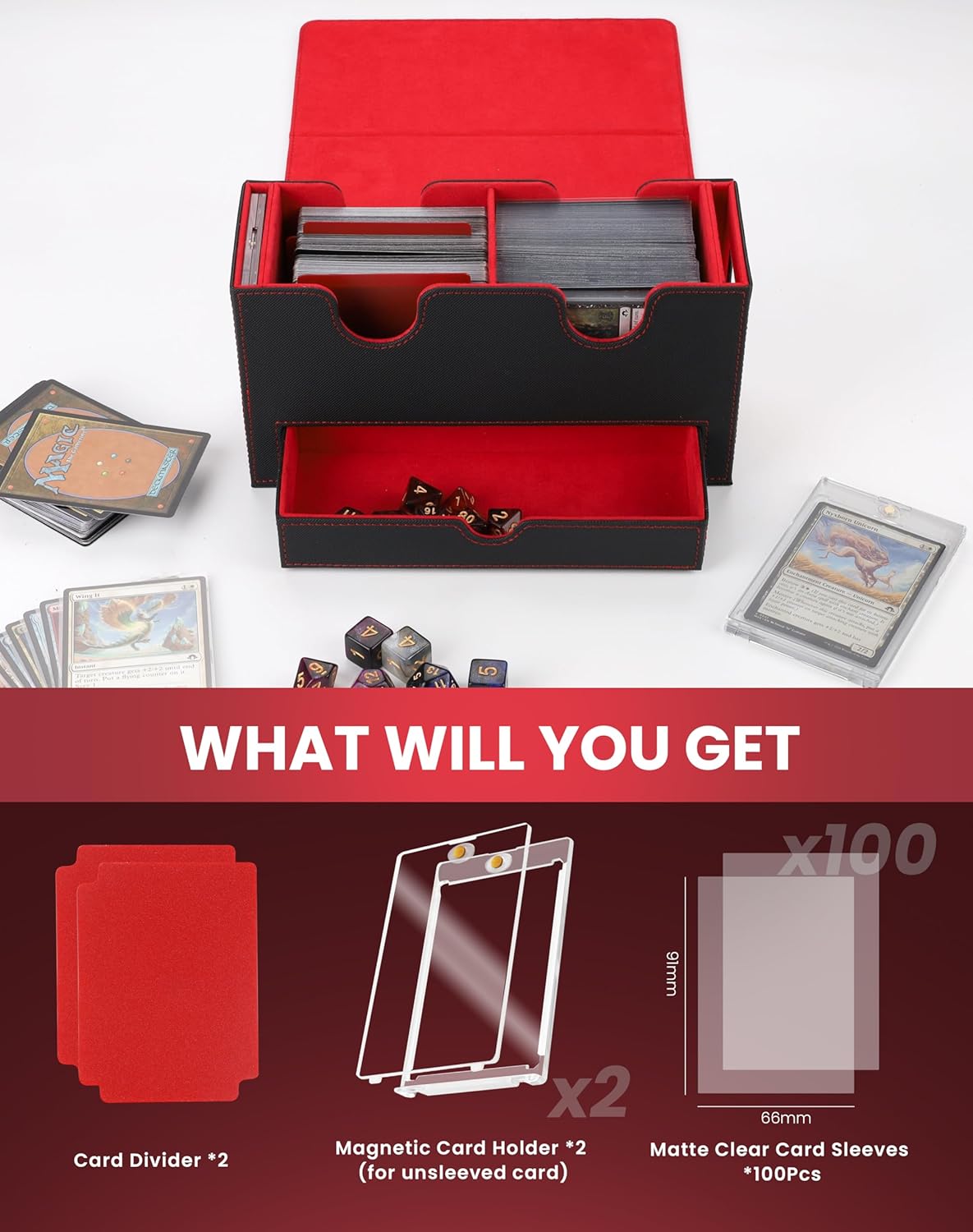 MRAUF MTG Deck Box with Double Commander Display and Dice Tray, Fits 200+ Double Sleeved Cards, Card Storage Box Plus 2 Magnetic Holders& 100Pcs Card Sleeves (Black& Red)