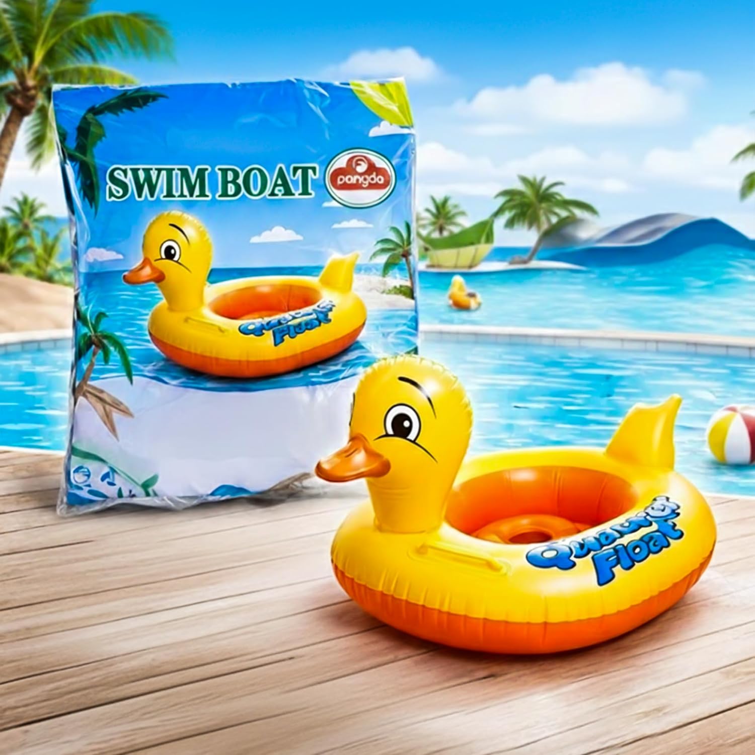 BML Yellow Inflatable Duck Swim Boat for Toddlers 1 to 4 Years Kids Pool Float Seat Baby Swimming Ring with Leg Holes for Pool Beach Garden Summer Outdoor Float 80 x 57 cm