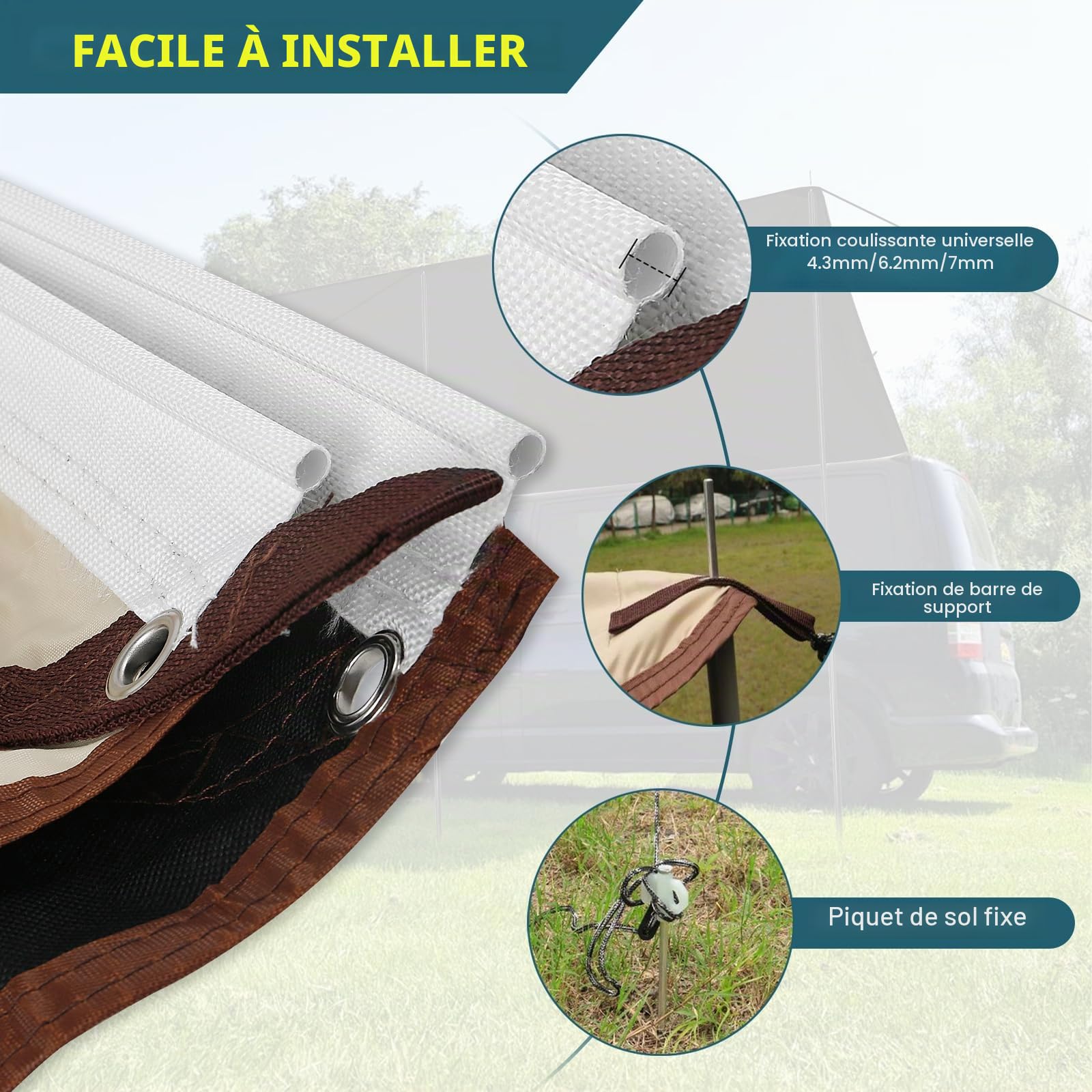 Auvent pour Remorque et Camping-Car, auvent de 2,5m x 4m pour Caravane avec haubans, poteaux de Soutien et piquets, adapté aux Rails d'auvent de 4,3/6,2/7 mm