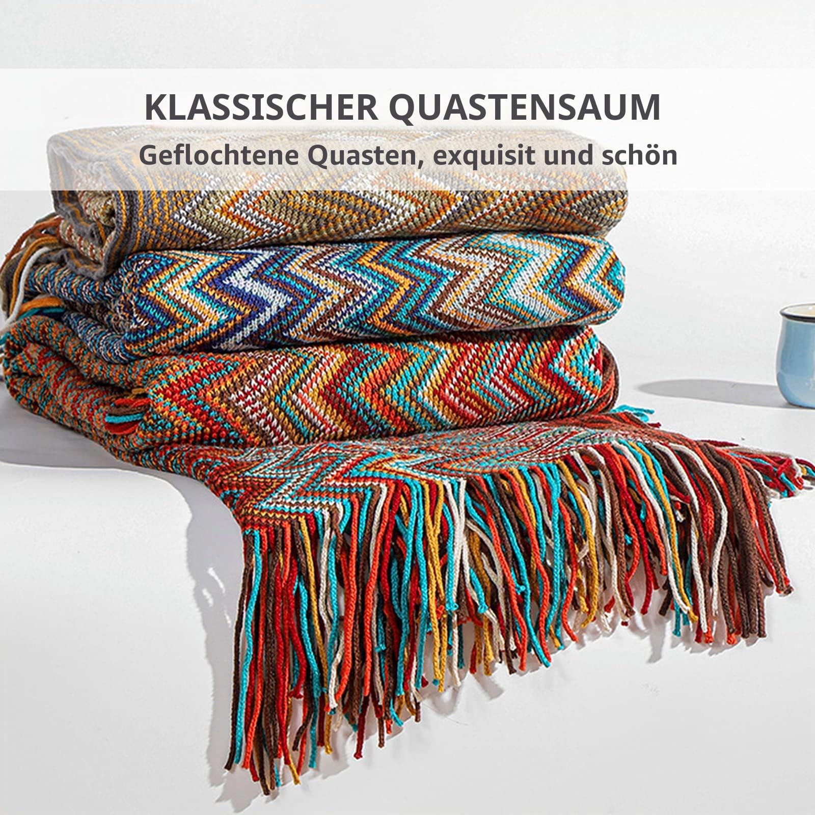LumiSyne Gestrickte Decke Mit Quaste Hahnentritt Boho Kariert Kuscheldecke Strickdecke Tagesdecke Überwurf Couchdecke Dekorative Decke Für Sofa Bett 180x240cm