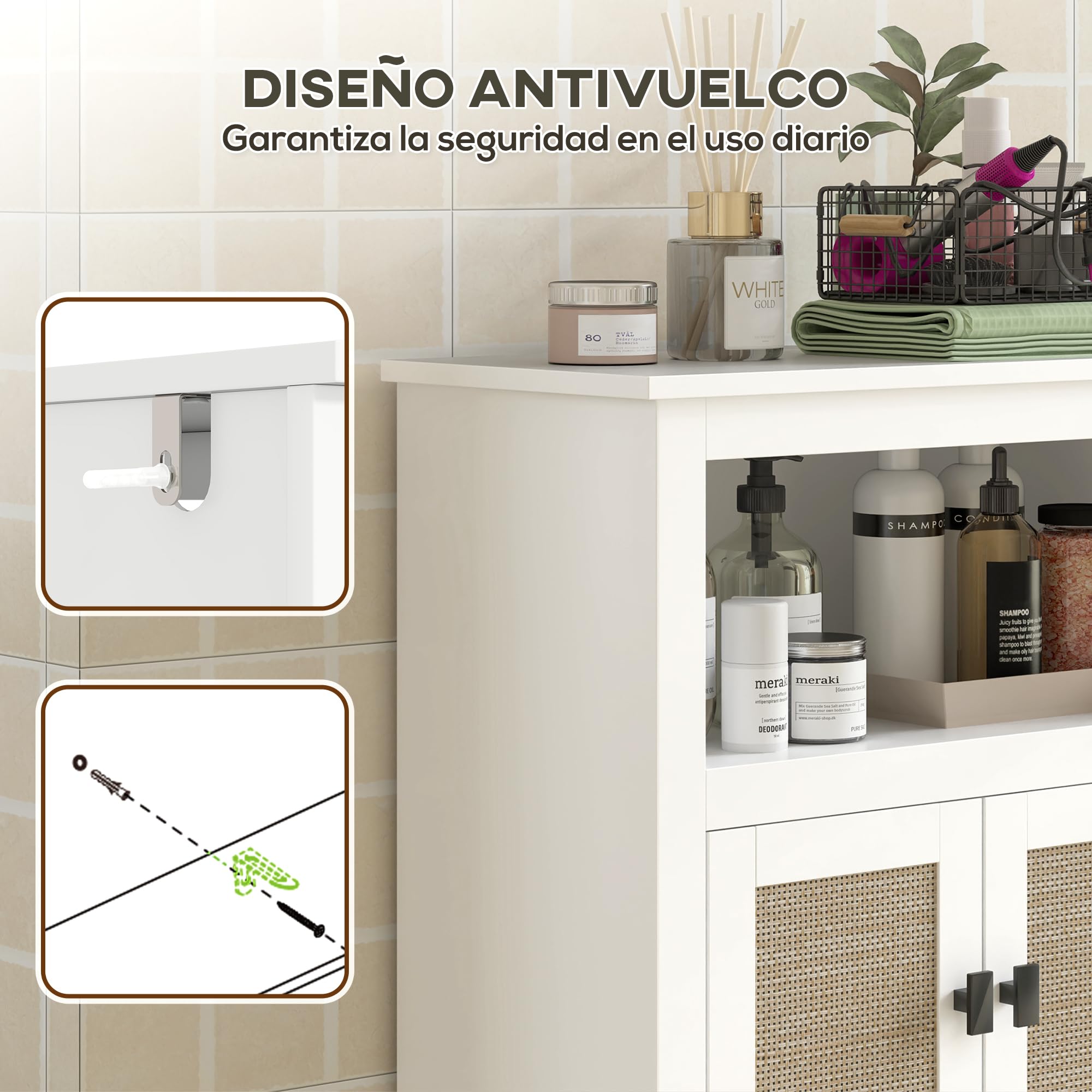 HOMCOM Mueble Auxiliar de Baño con Frontal de Ratán Armario de Baño con 2 Puertas Compartimento Abierto Estante Ajustable 60x30x90 cm Blanco