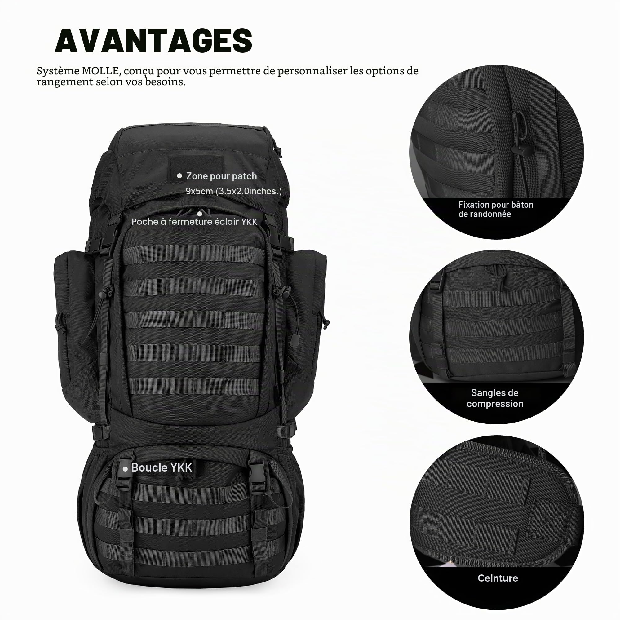 Mardingtop 60L Sac à dos tactique avec housse de pluie Grand sac à dos de trekking Extensible pour randonnée camping