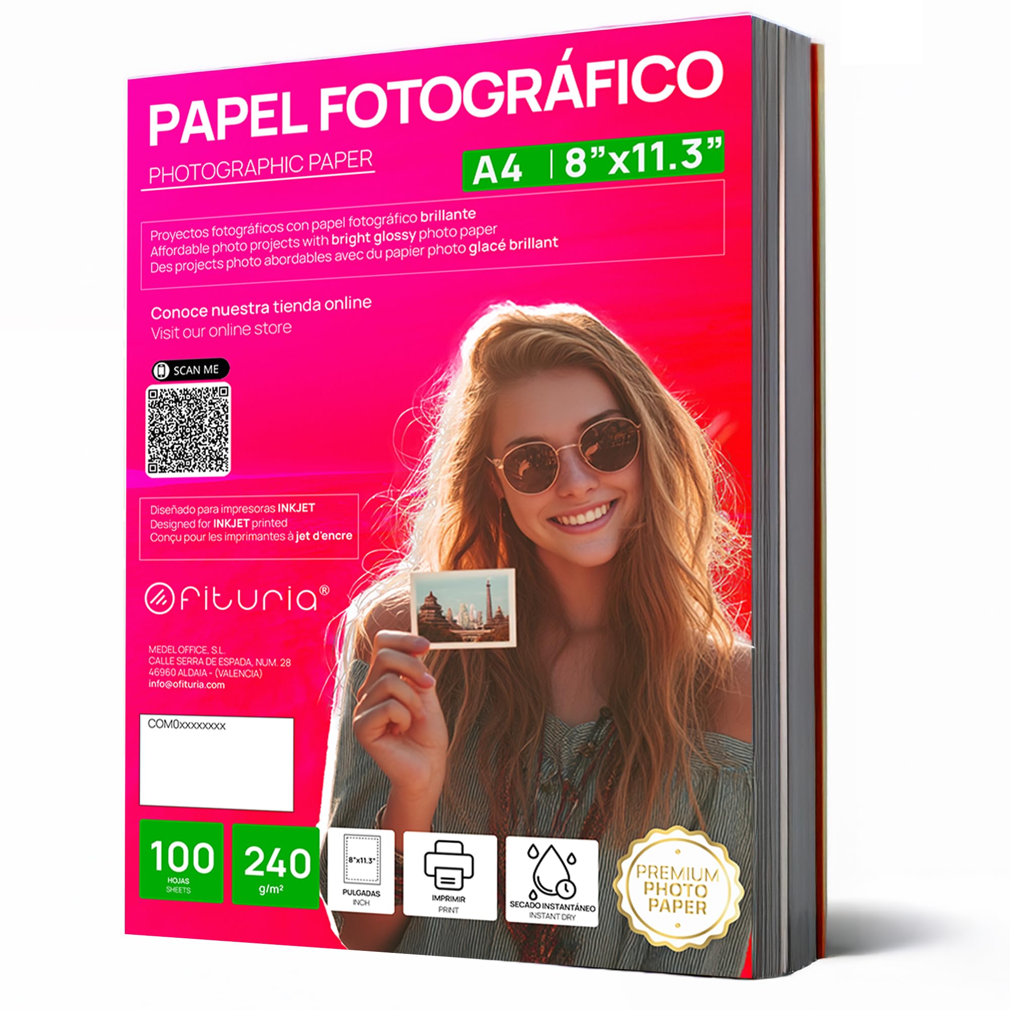 OFITURIA Papel Fotográfico A4 Brillante – Alta Resolución, Secado Instantáneo, 240 g/m², Compatible con Impresoras Inkjet – Papel Fotográfico y Photo Paper para Fotos y Uso Profesional (100 hojas)